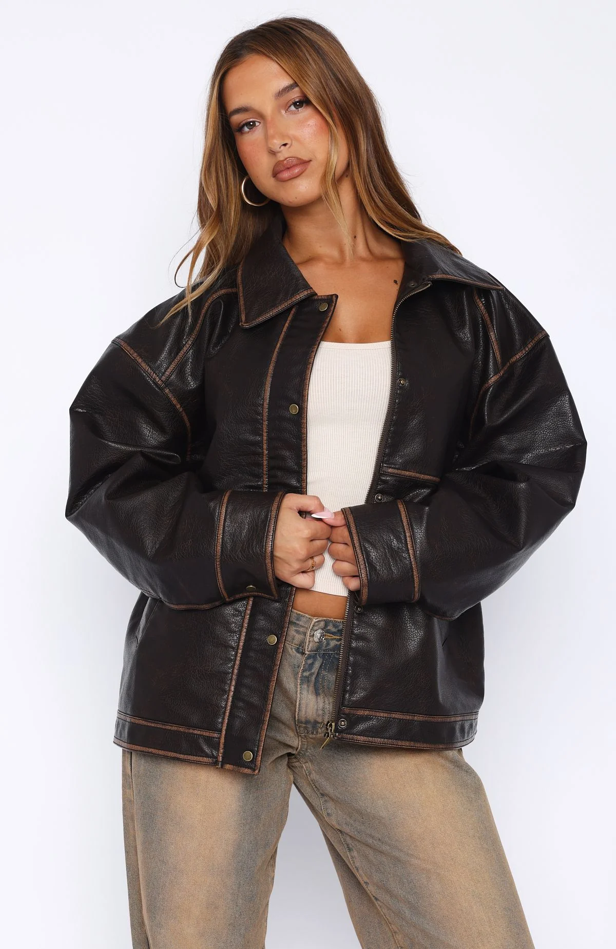 A London Girl PU Jacket Washed Chocolate - Image 2