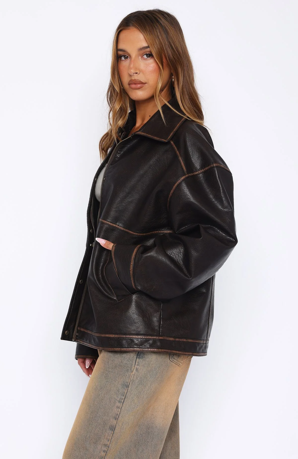 A London Girl PU Jacket Washed Chocolate - Image 3