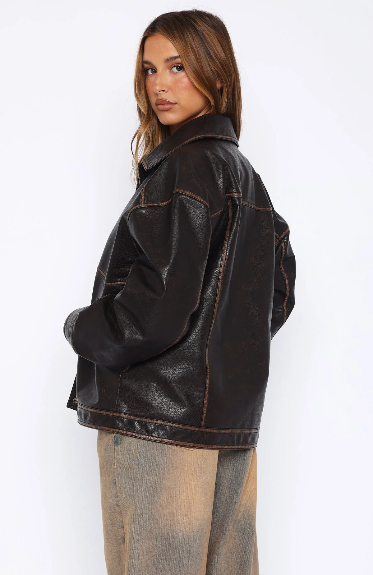 A London Girl PU Jacket Washed Chocolate - Image 5