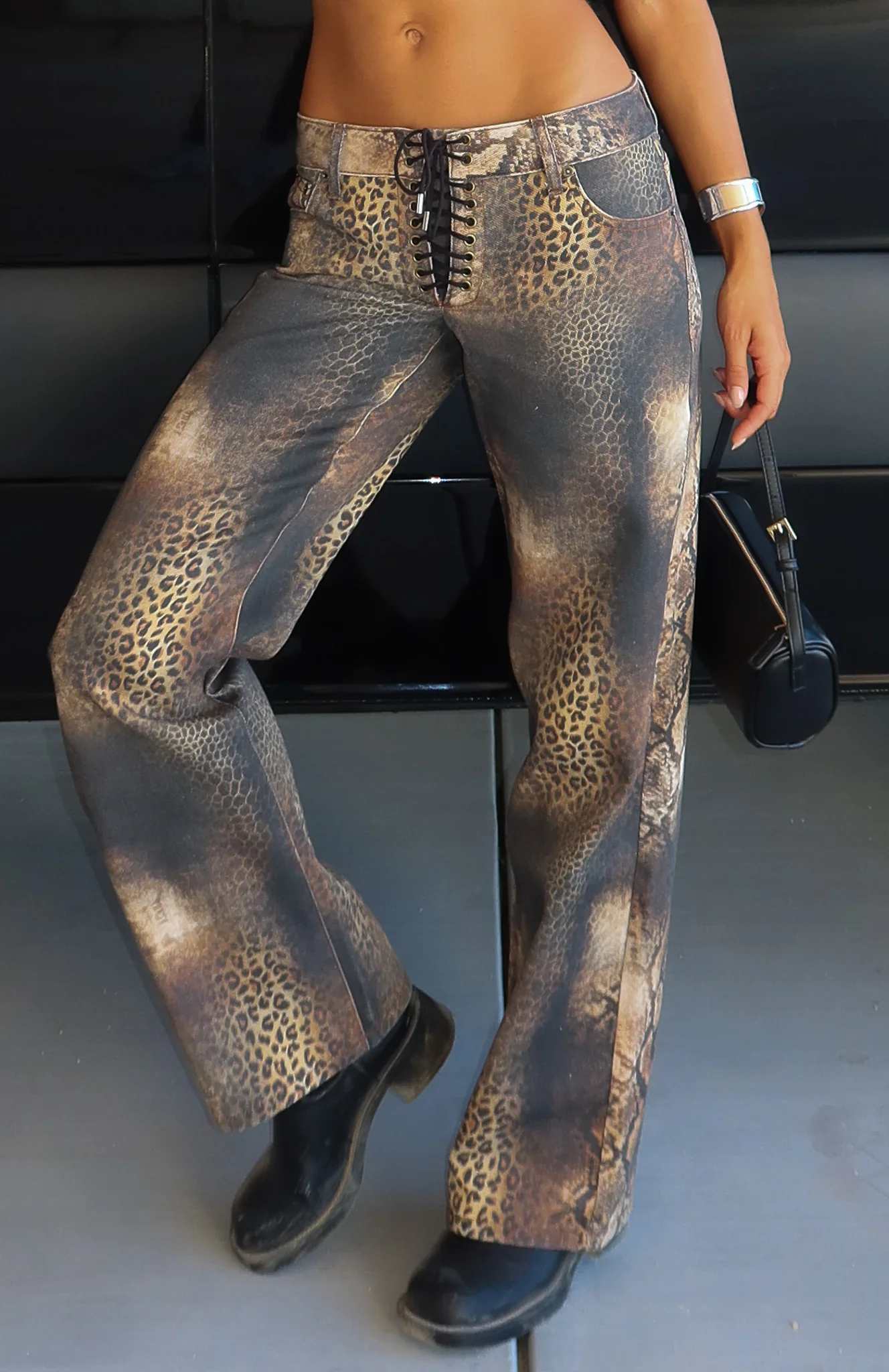 Actually Invested Mid Rise Lace Up Straight Leg Jeans Desert Mirage - Image 6