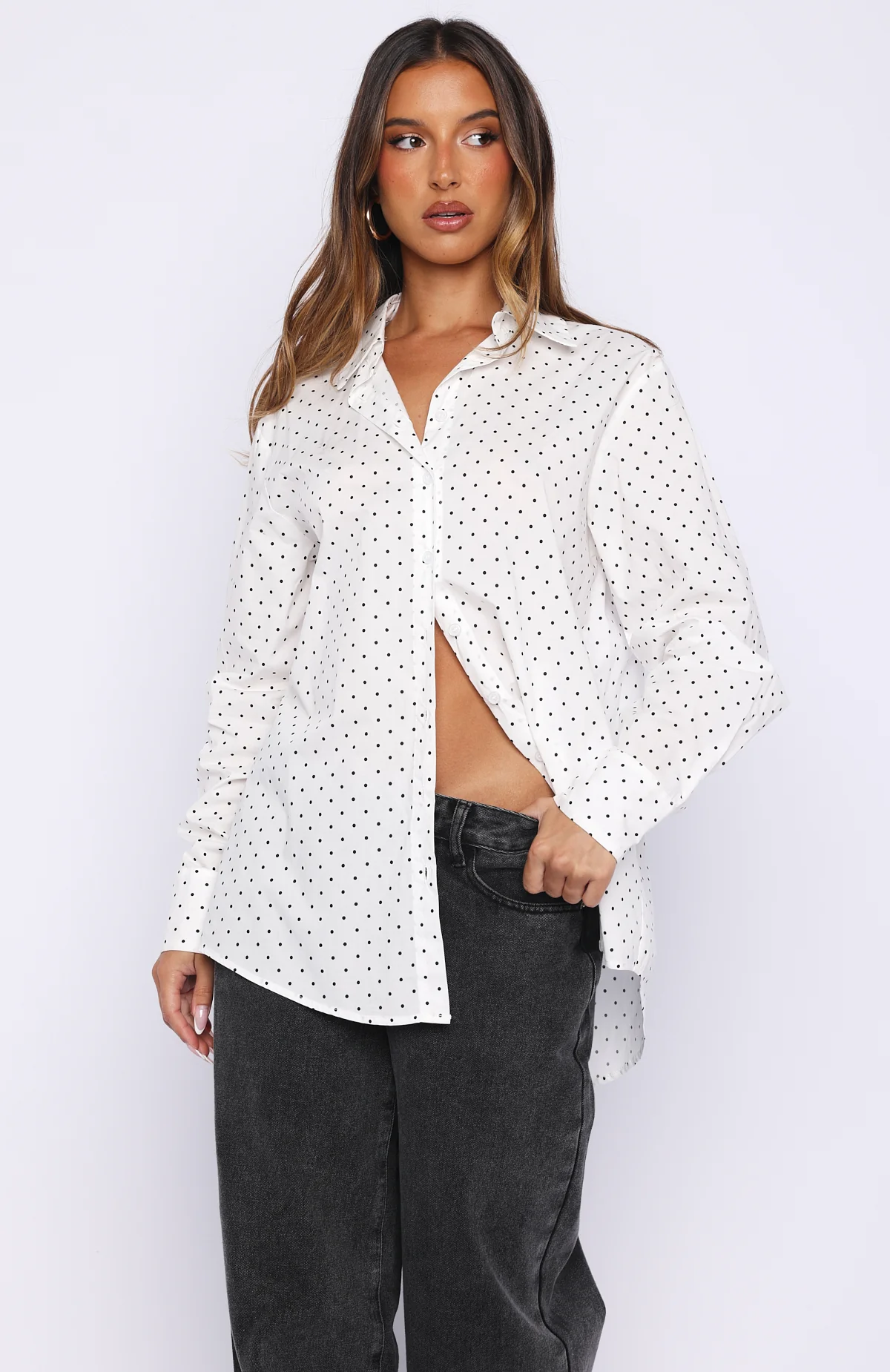 Always About Us Button Up Shirt White Polka Dot - Image 3