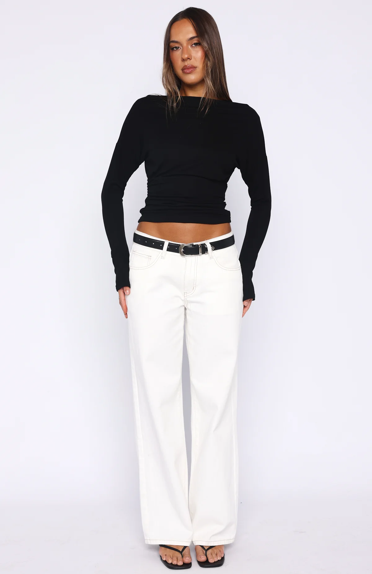 Another Time Cinched Waist Long Sleeve Top Black - Image 5