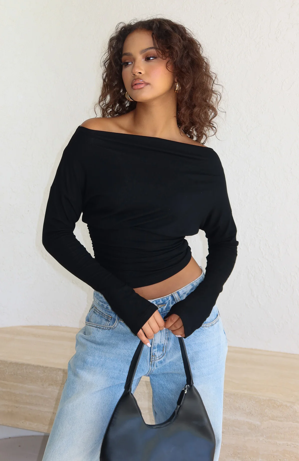 Another Time Cinched Waist Long Sleeve Top Black - Image 6