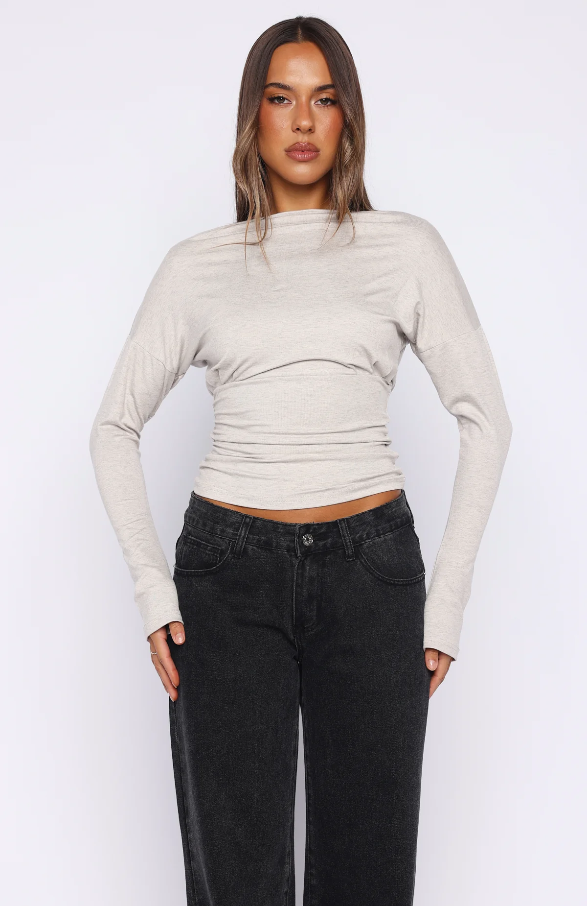 Another Time Cinched Waist Long Sleeve Top Light Grey Marle - Image 2