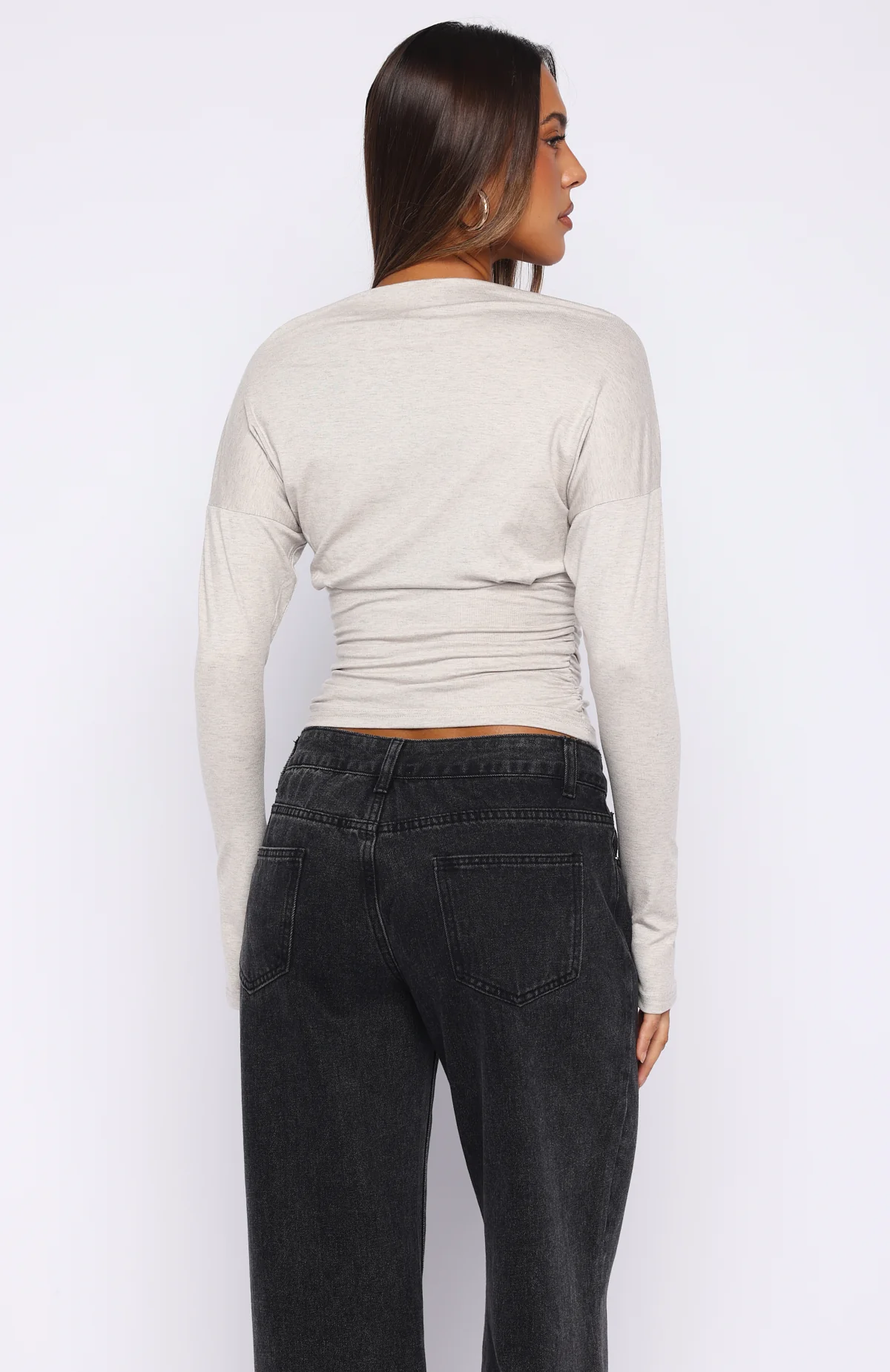 Another Time Cinched Waist Long Sleeve Top Light Grey Marle - Image 4