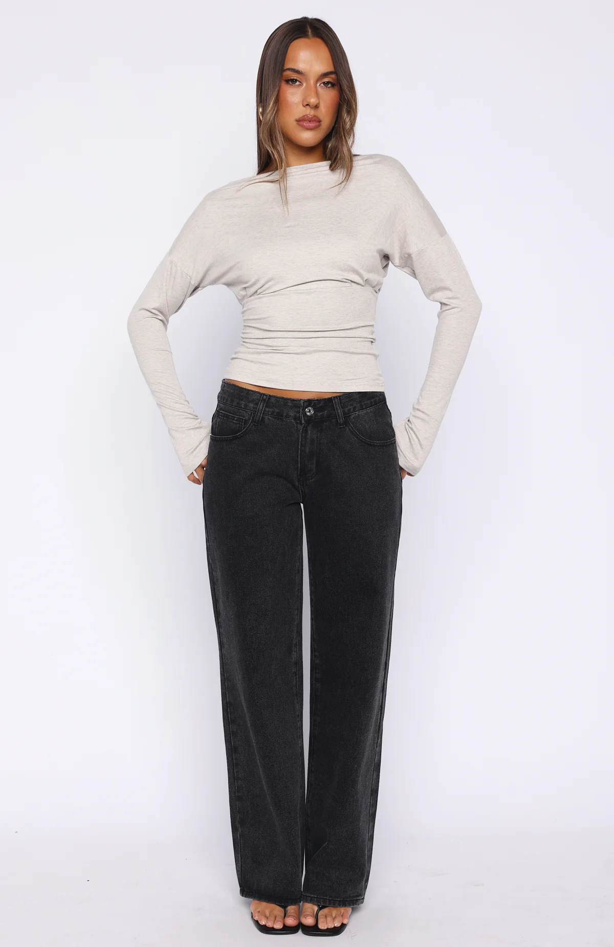 Another Time Cinched Waist Long Sleeve Top Light Grey Marle - Image 5