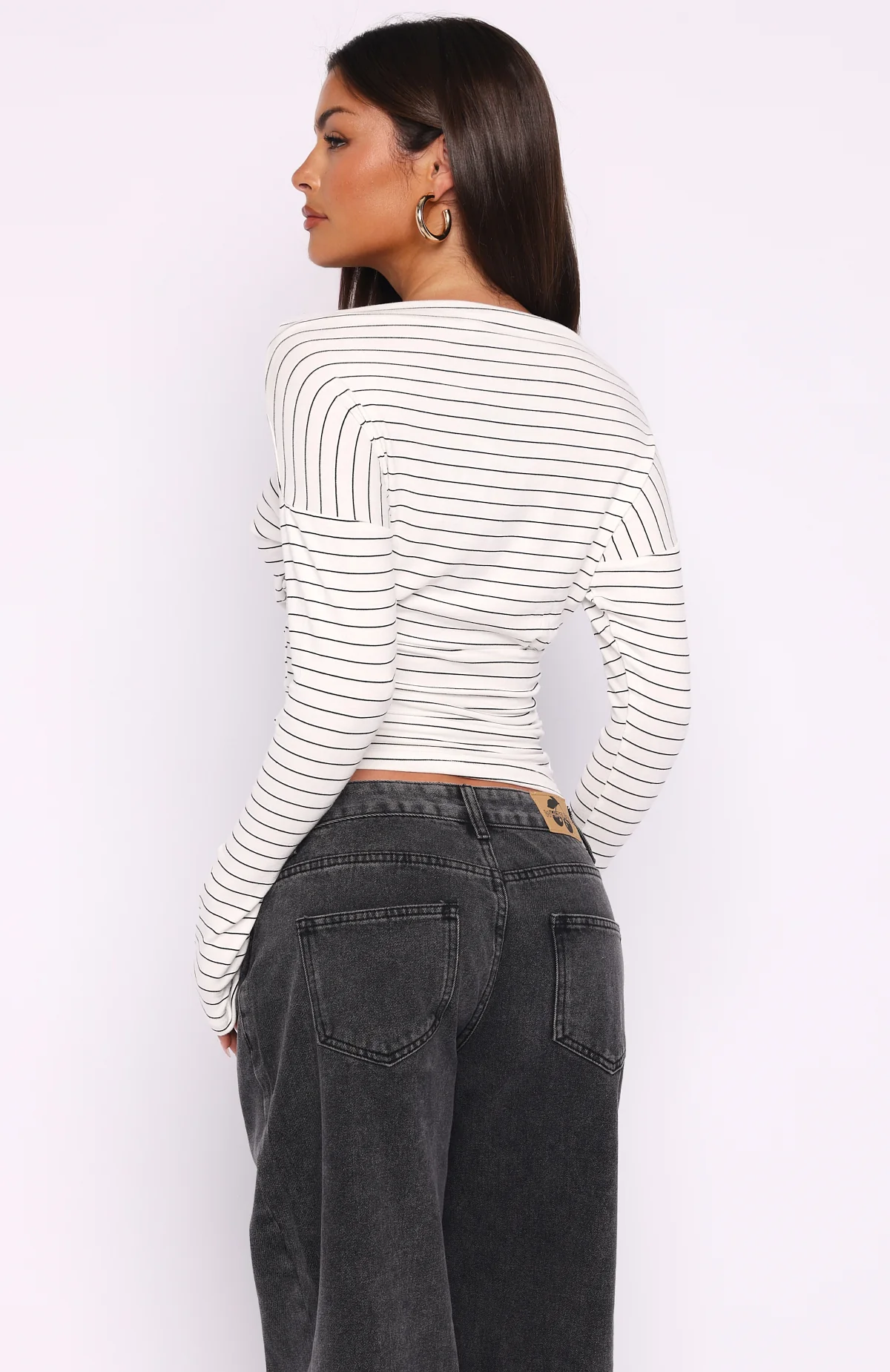 Another Time Cinched Waist Long Sleeve Top White Stripe - Image 4