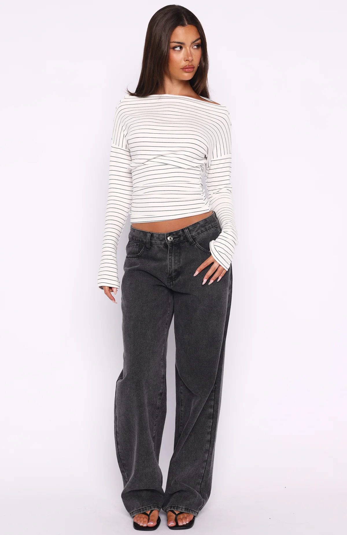 Another Time Cinched Waist Long Sleeve Top White Stripe - Image 5