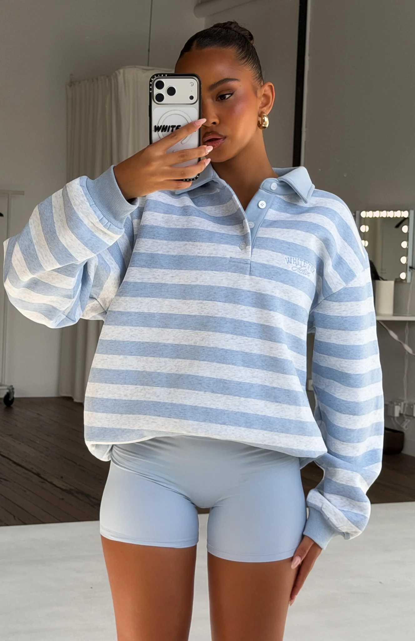 Best Influence Oversized Henley Sweater Grey Marle / Blue Stripe - Image 8
