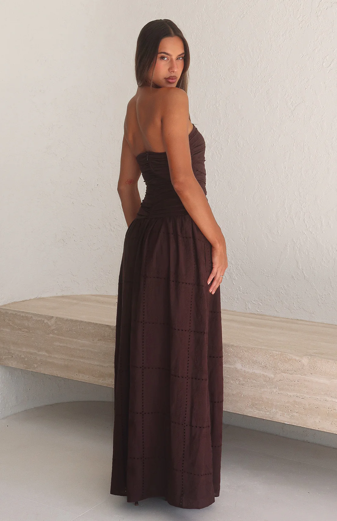 Bittersweet Babe Strapless Broderie Maxi Dress Chocolate - Image 2
