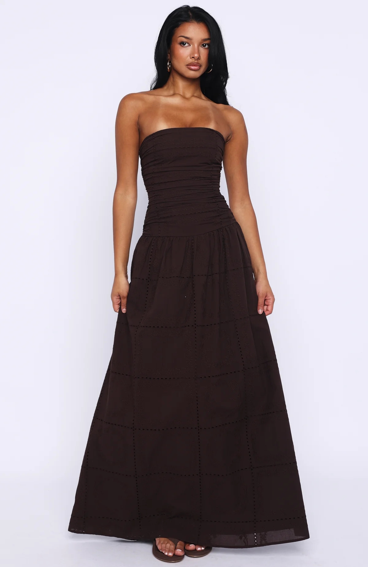 Bittersweet Babe Strapless Broderie Maxi Dress Chocolate - Image 3