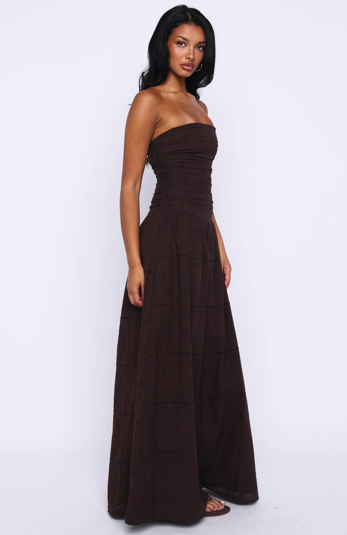 Bittersweet Babe Strapless Broderie Maxi Dress Chocolate - Image 4