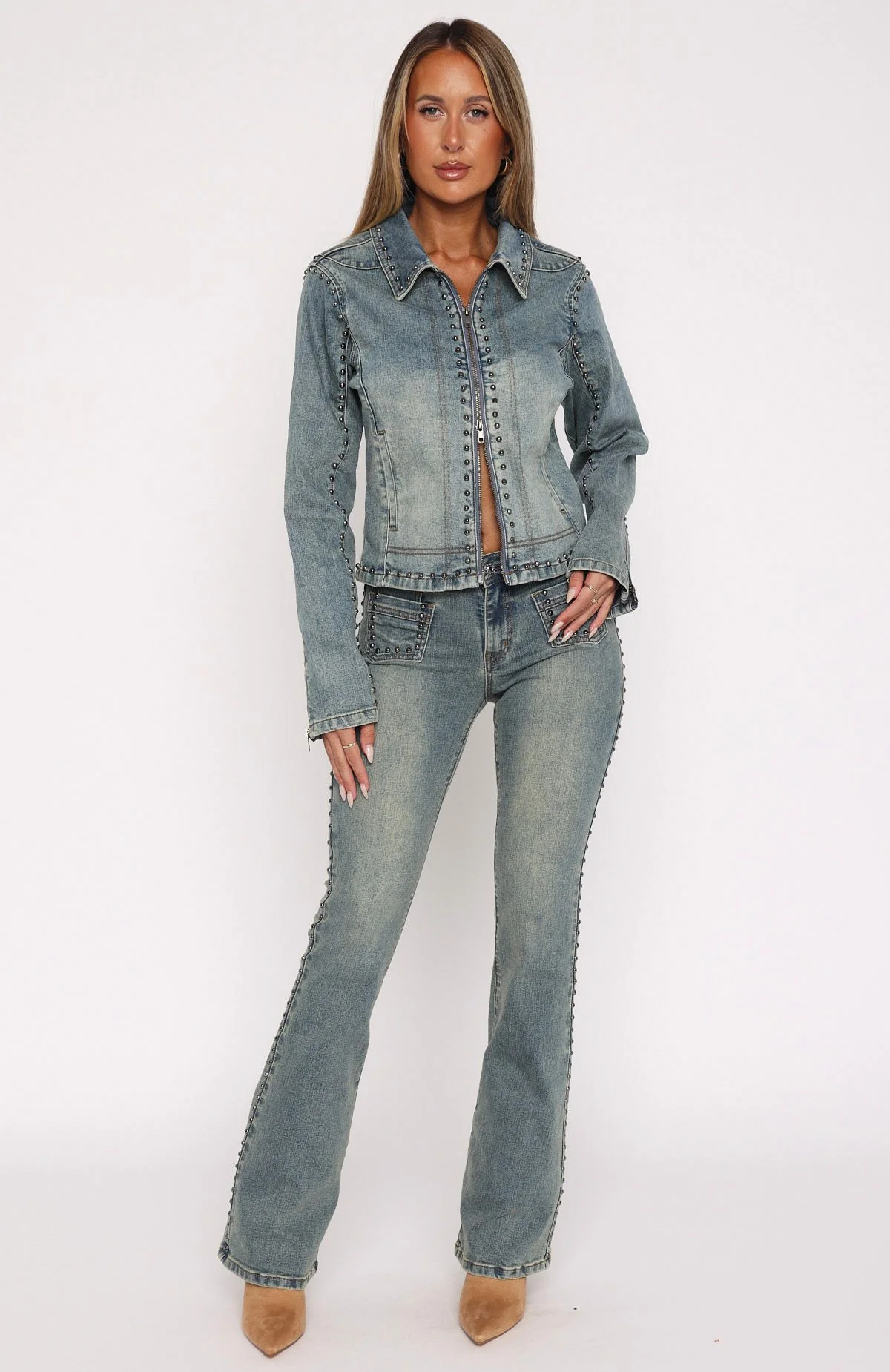 Blake Low Rise Studded Flare Jeans Brown Blue - Image 2