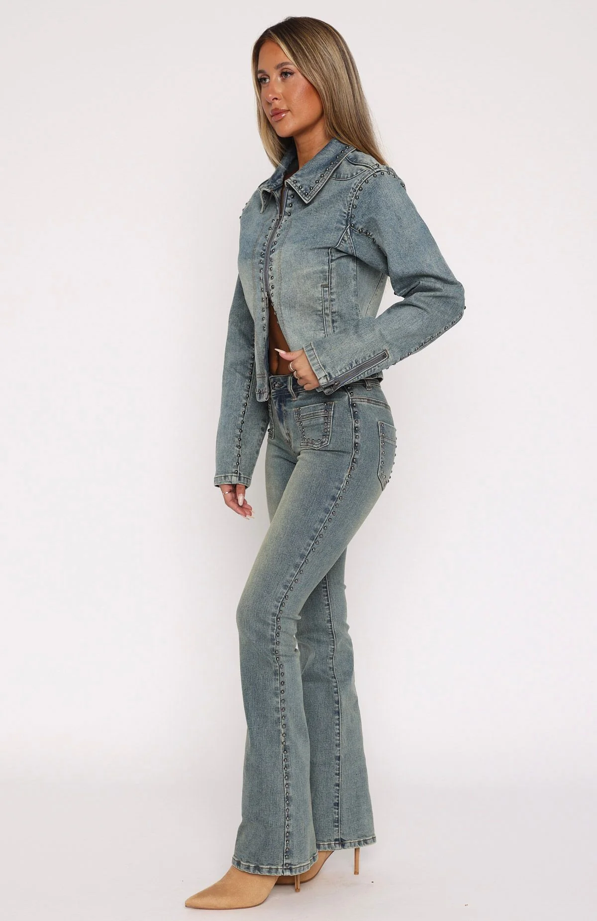 Blake Low Rise Studded Flare Jeans Brown Blue - Image 3