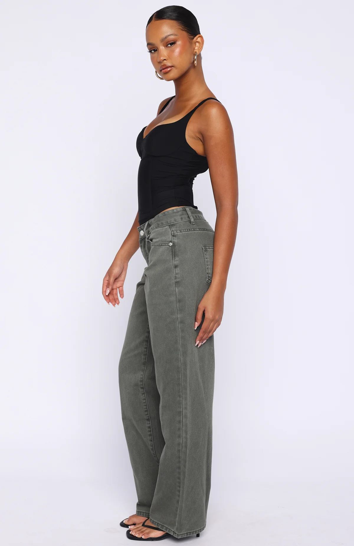 Bring The Style Low Rise Wide Leg Jeans Olive Wash - Image 3