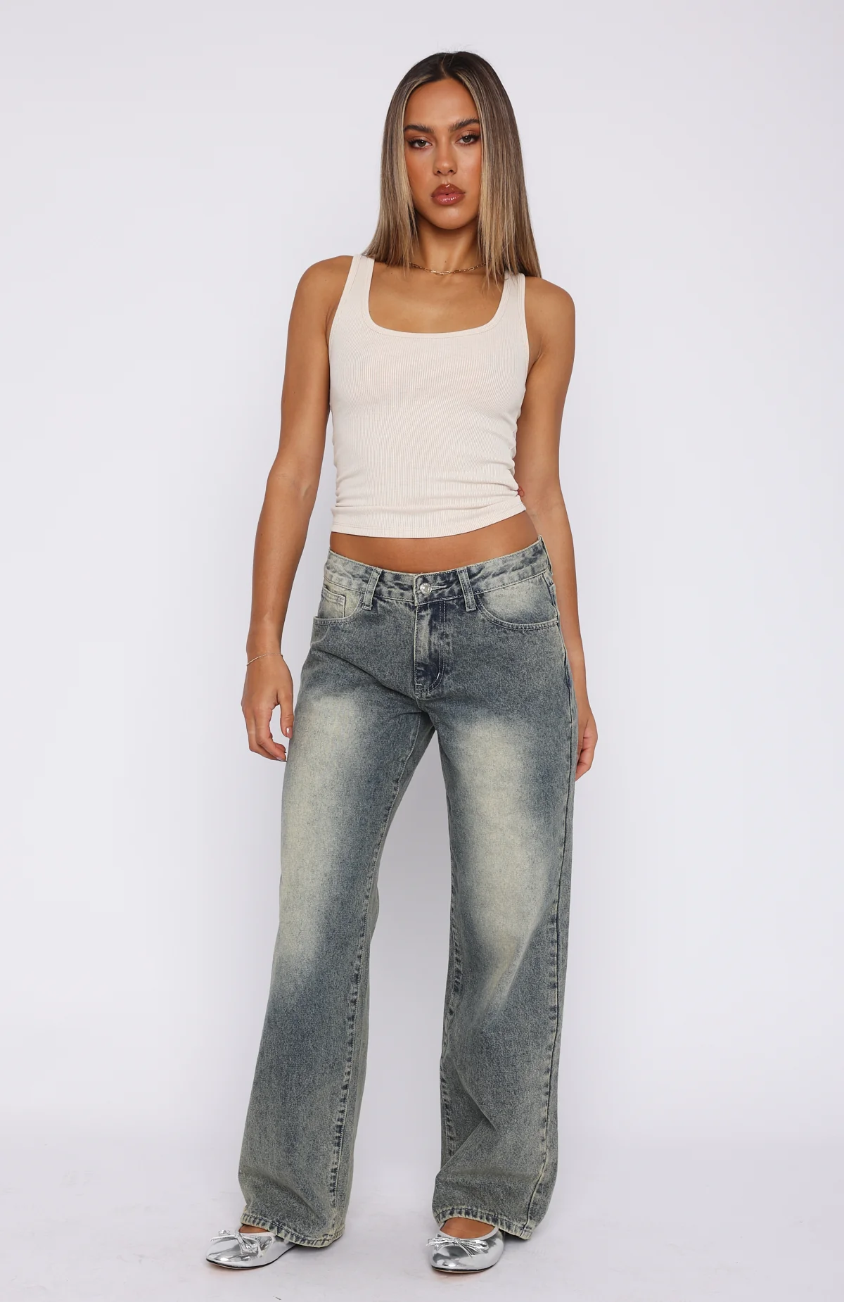 Bring The Style Low Rise Wide Leg Jeans Sand - Image 2