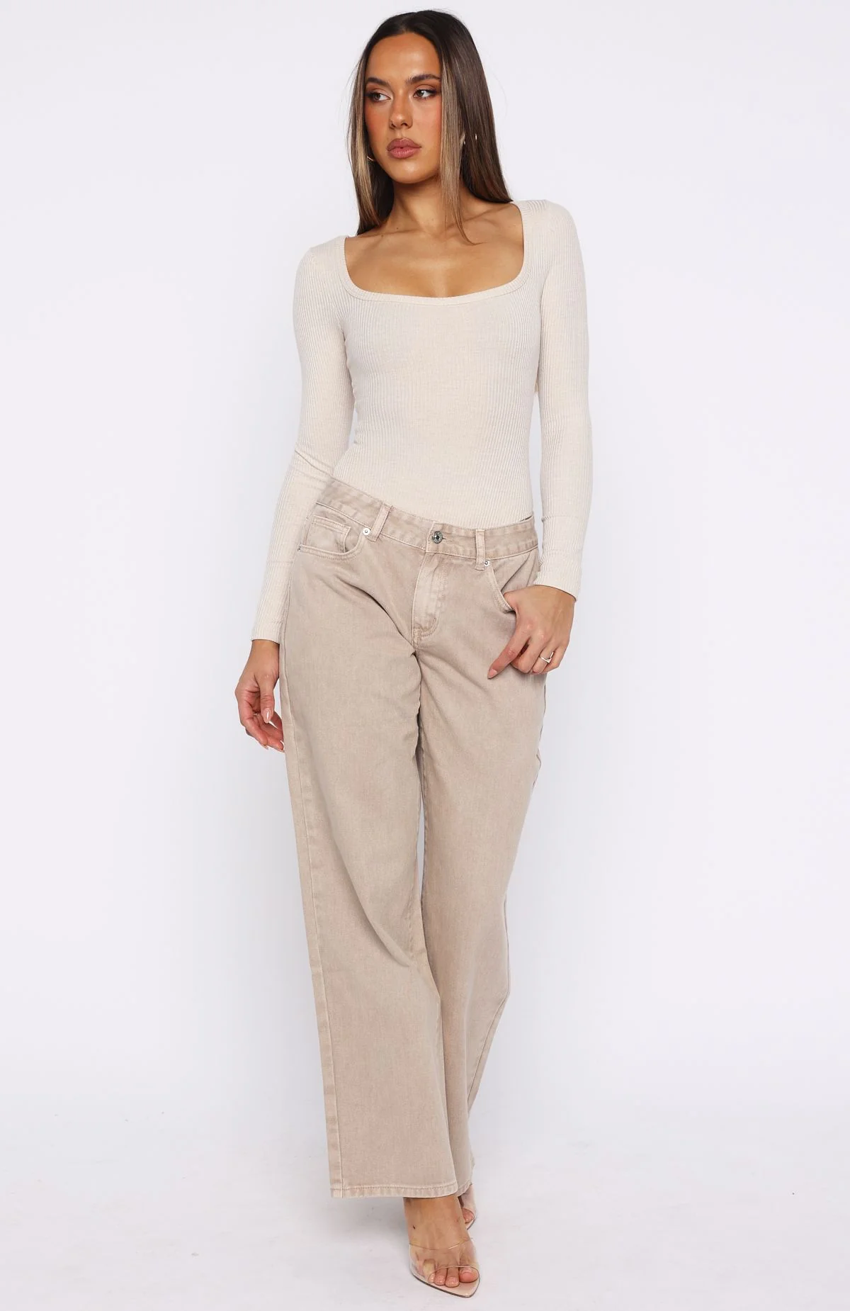 Bring The Style Low Rise Wide Leg Jeans Sesame Wash - Image 3
