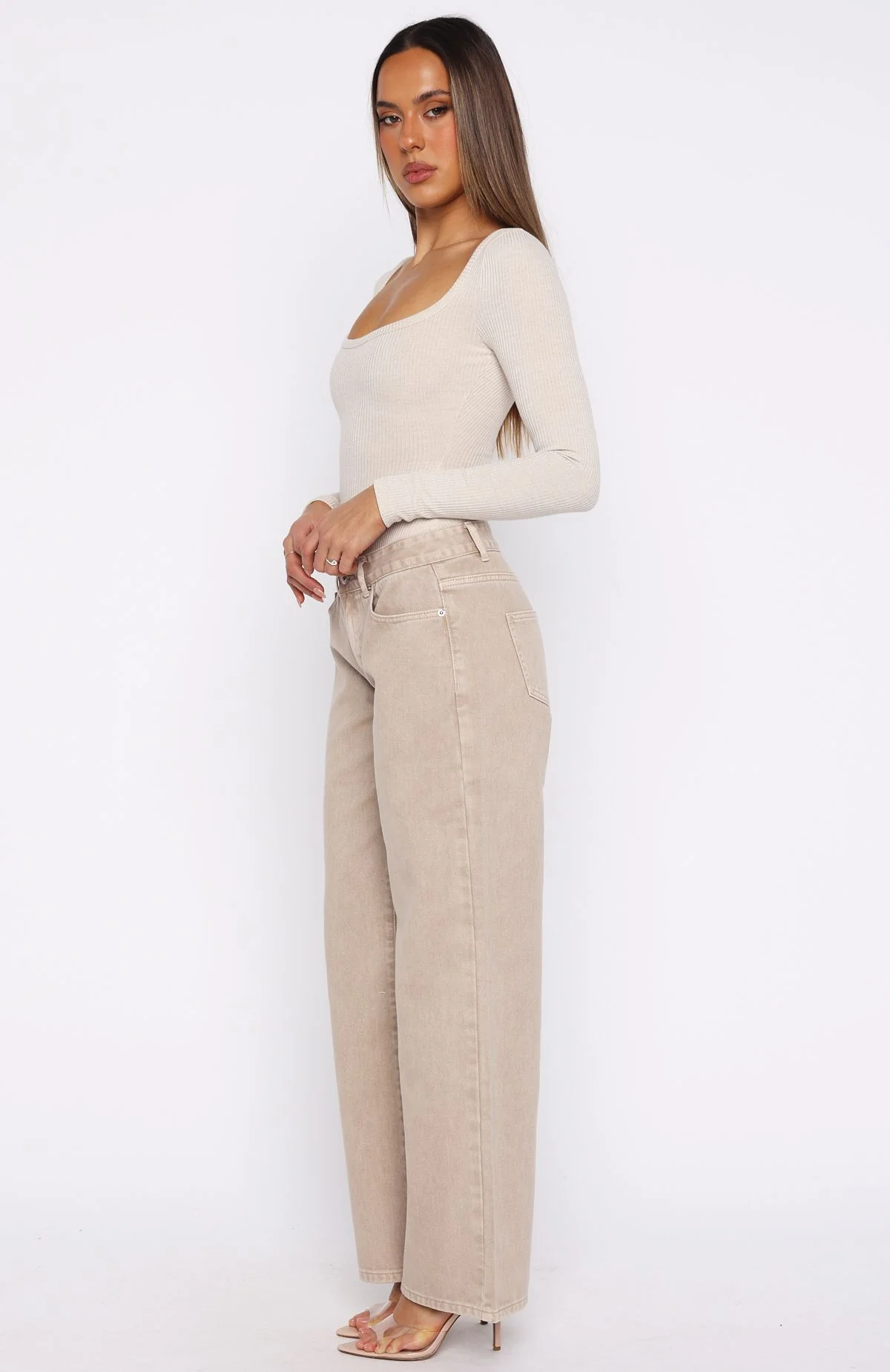 Bring The Style Low Rise Wide Leg Jeans Sesame Wash - Image 4