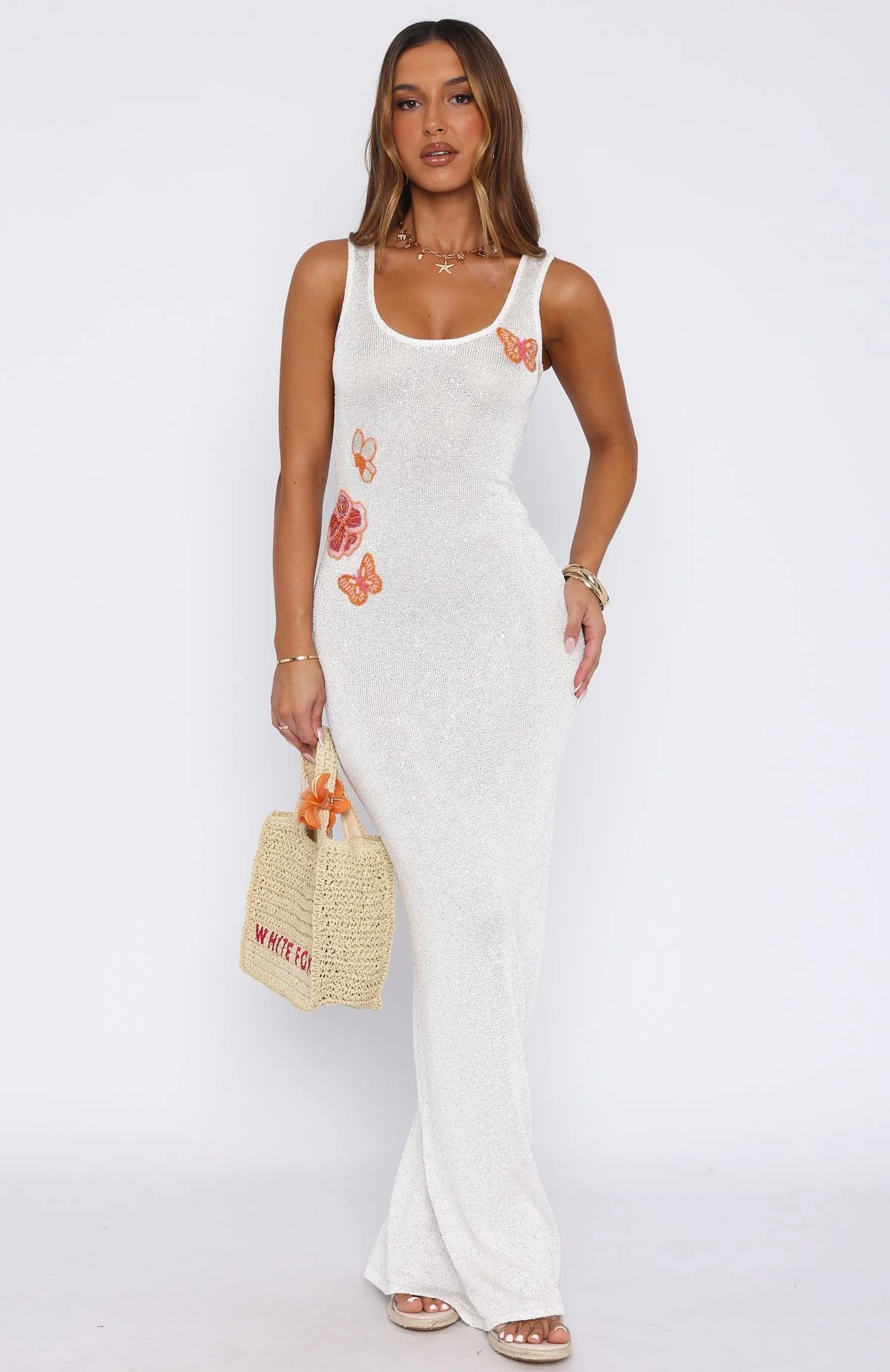 Butterfly Blossom Sequin Knit Maxi Dress White - Image 3