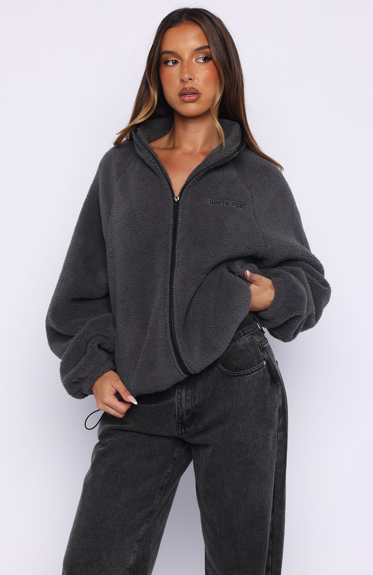 Calm Before The Storm Zip Front Fleece Sweater Charcoal - Image 2