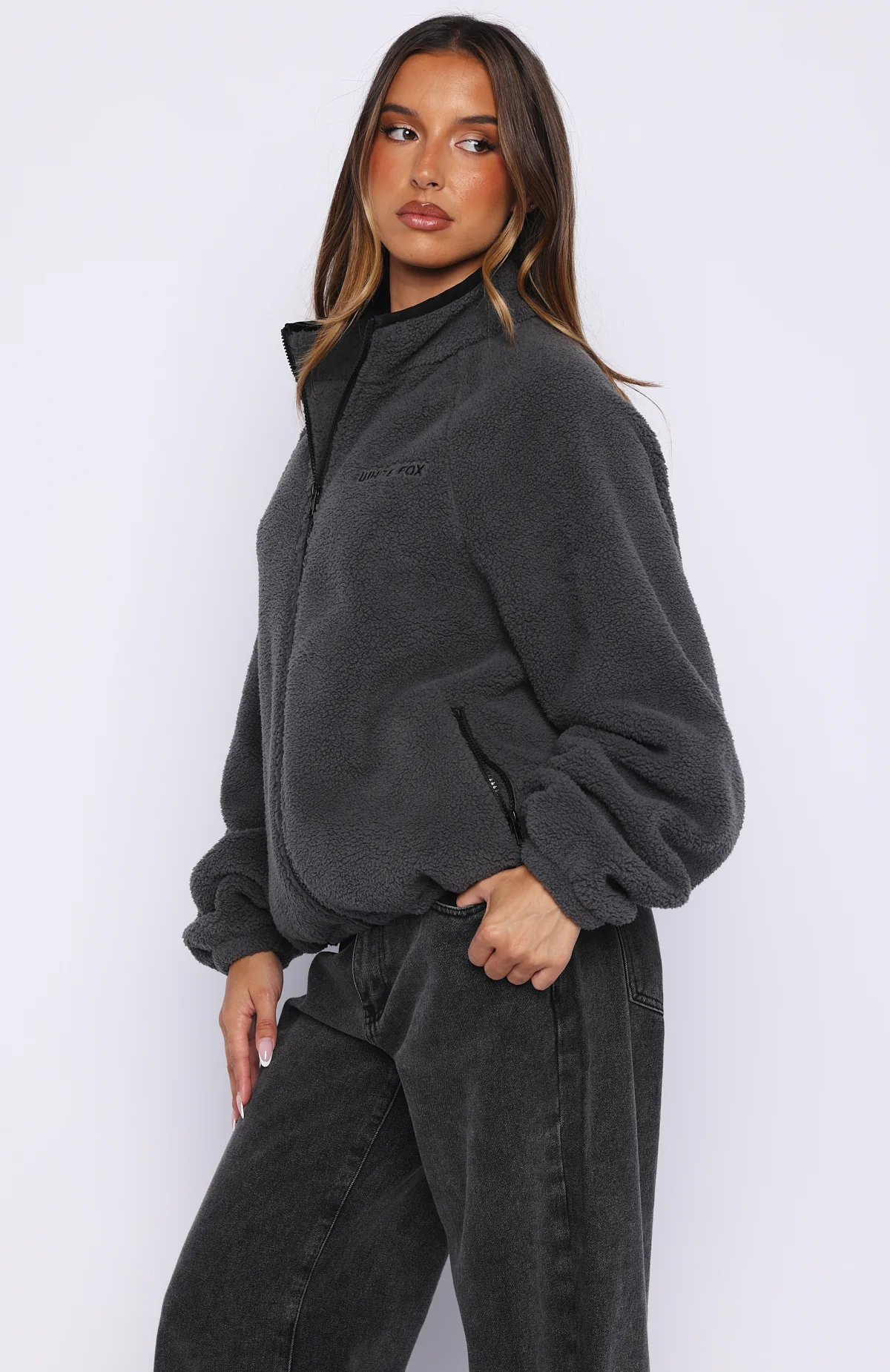 Calm Before The Storm Zip Front Fleece Sweater Charcoal - Image 3