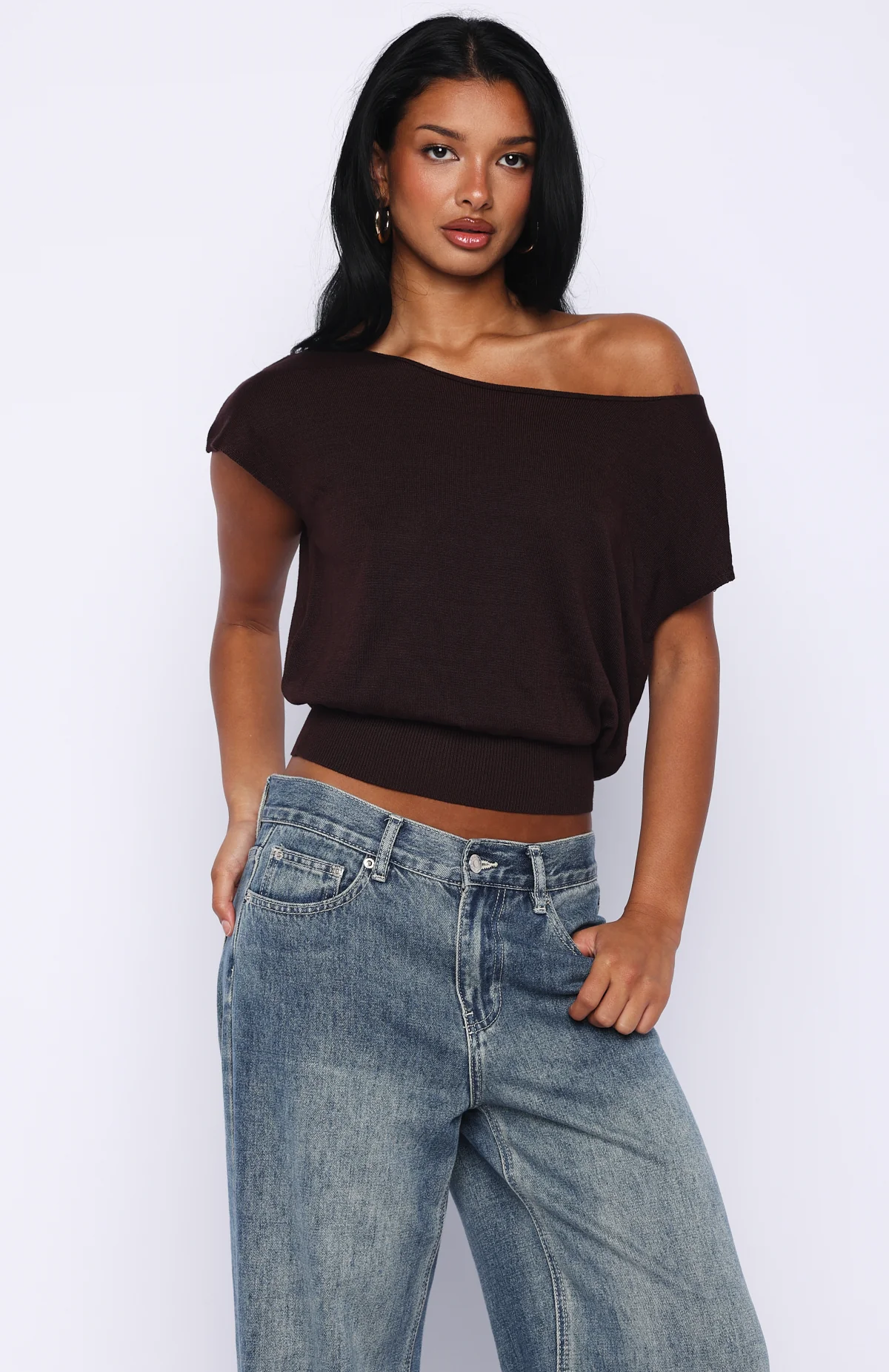 Can't Change My Mind Off Shoulder Cinched Top Chocolate - Image 2