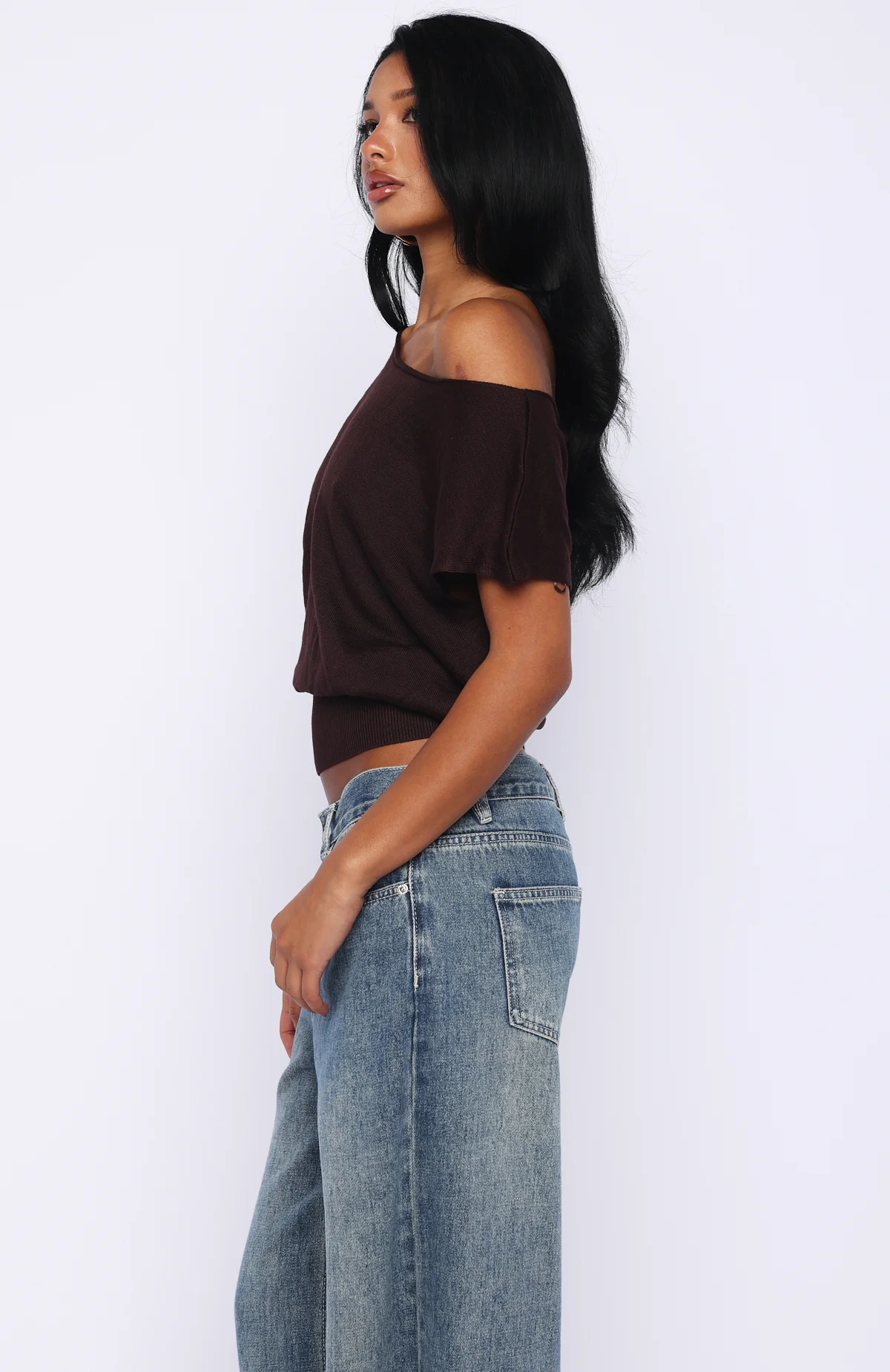 Can't Change My Mind Off Shoulder Cinched Top Chocolate - Image 3