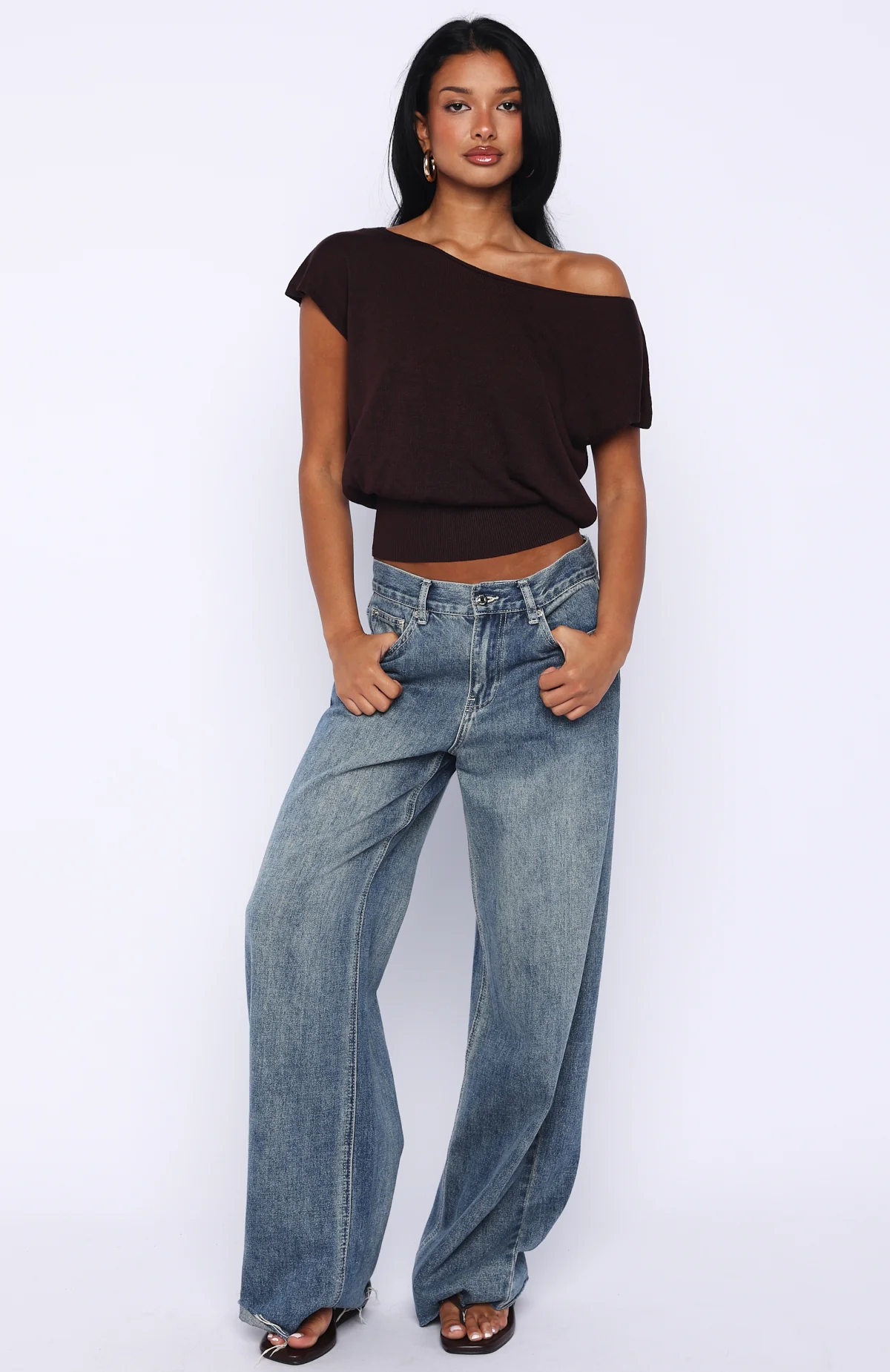 Can't Change My Mind Off Shoulder Cinched Top Chocolate - Image 5