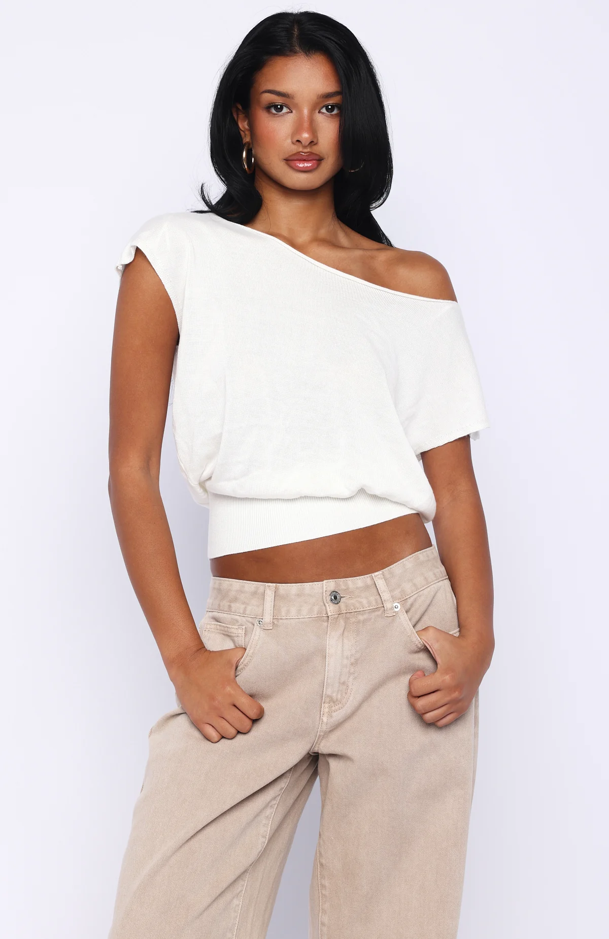 Can't Change My Mind Off Shoulder Cinched Top Off White - Image 2