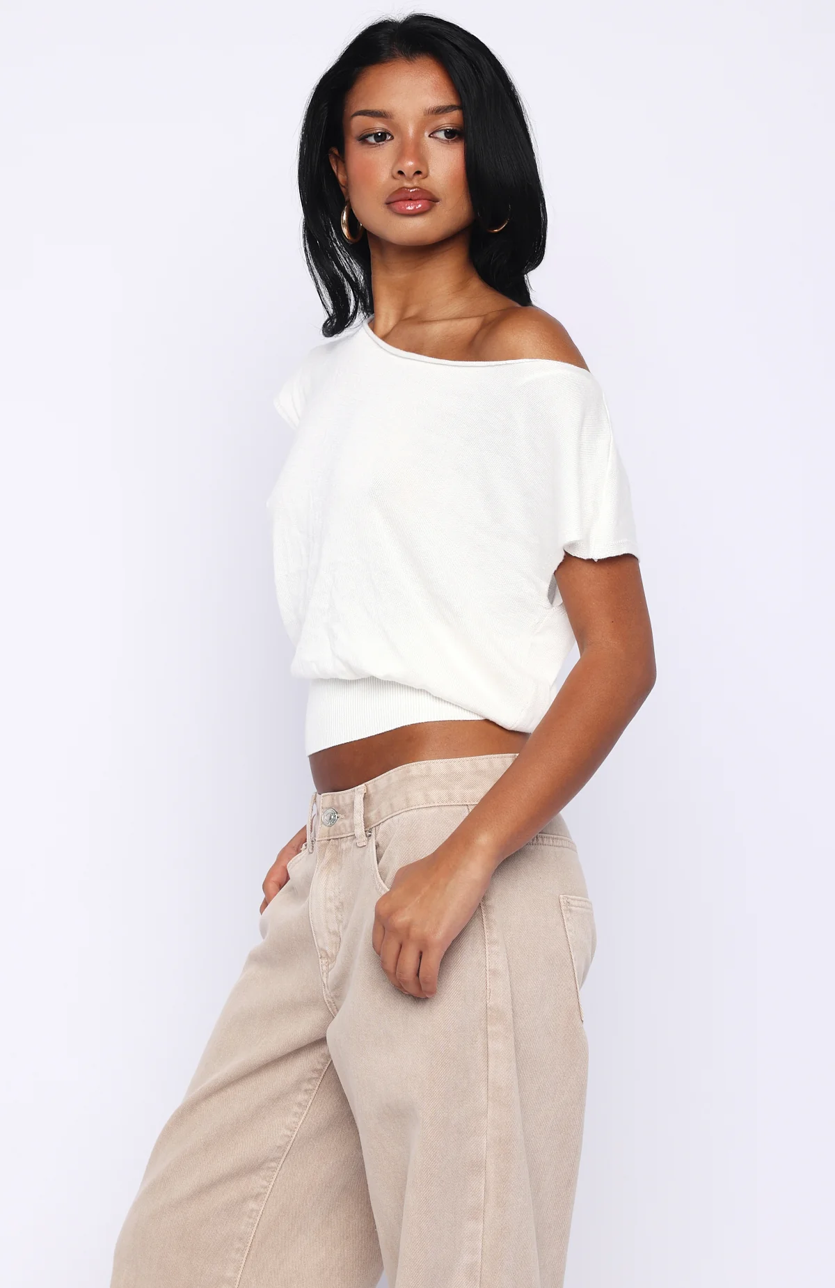 Can't Change My Mind Off Shoulder Cinched Top Off White - Image 4