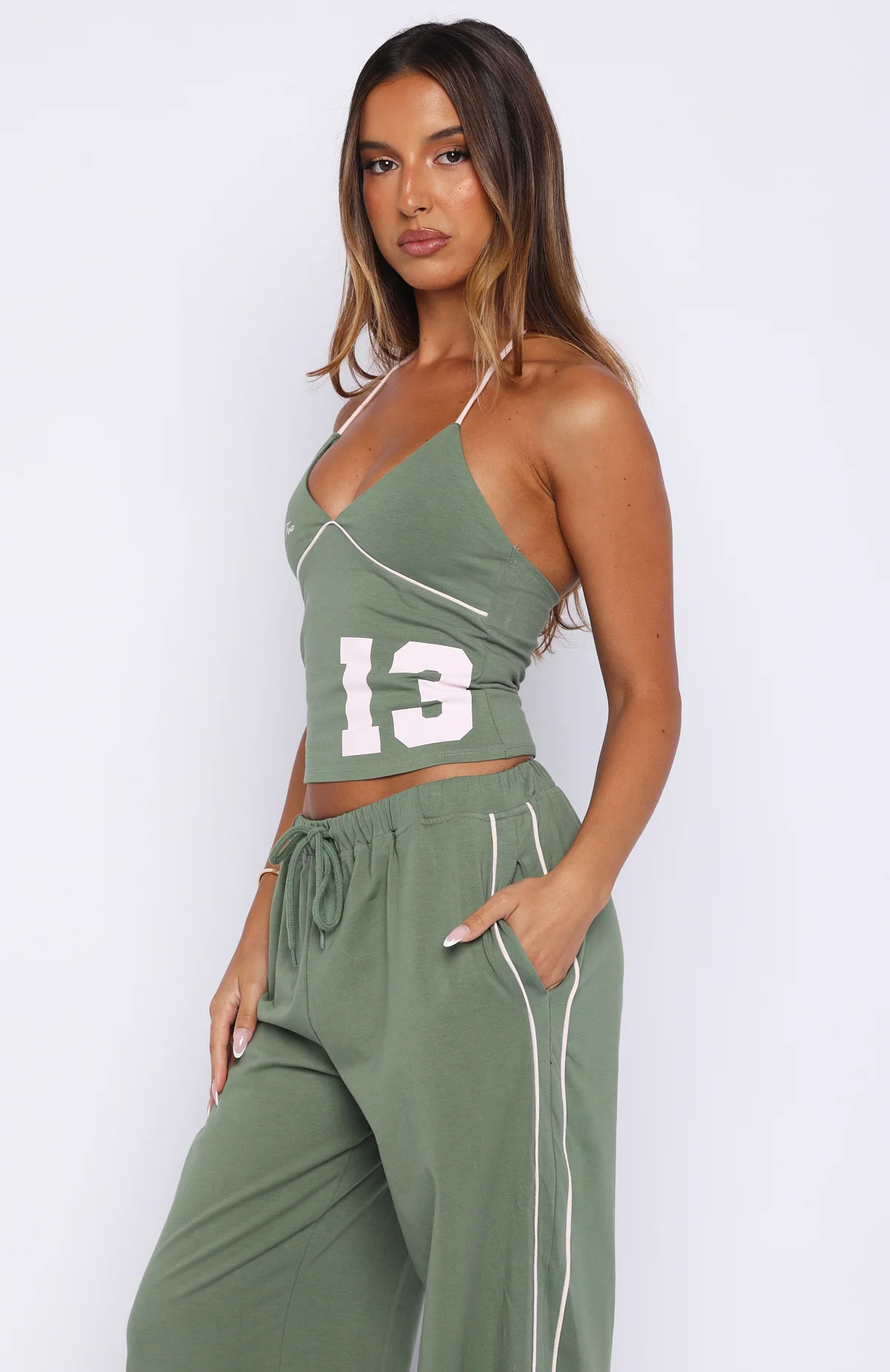 Can't Help The Feeling Halter Top Khaki - Image 3