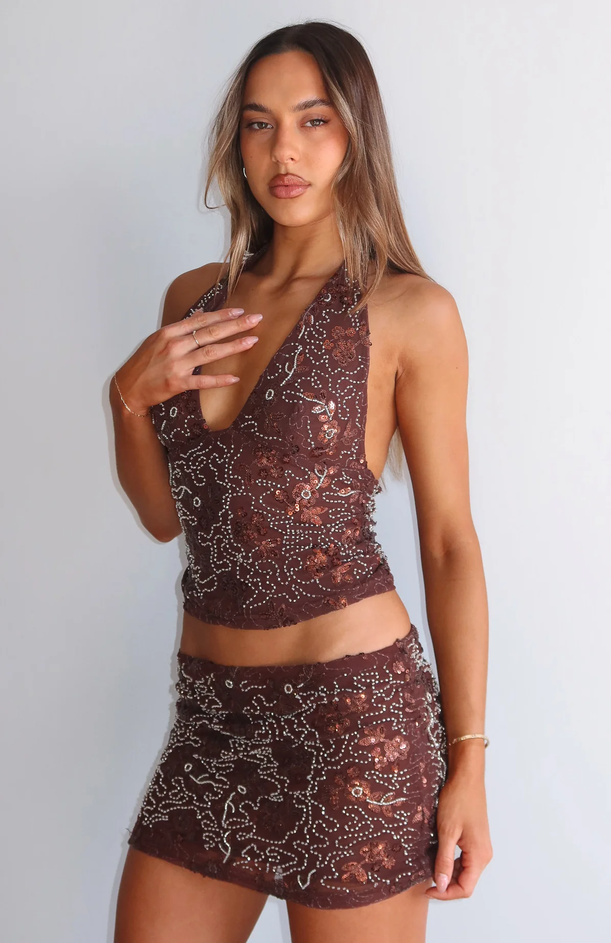 Capri Cove Beaded Mini Skirt Chocolate - Image 7