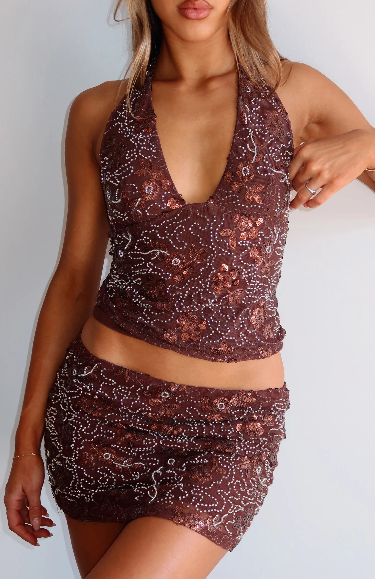 Capri Cove Beaded Mini Skirt Chocolate - Image 8