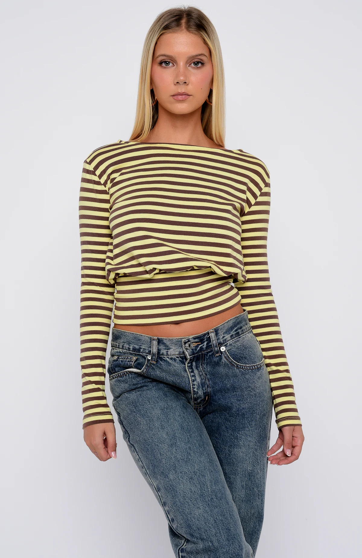 Catch My Heart Cinched Waist Long Sleeve Top Chocolate/Banana Stripe - Image 2