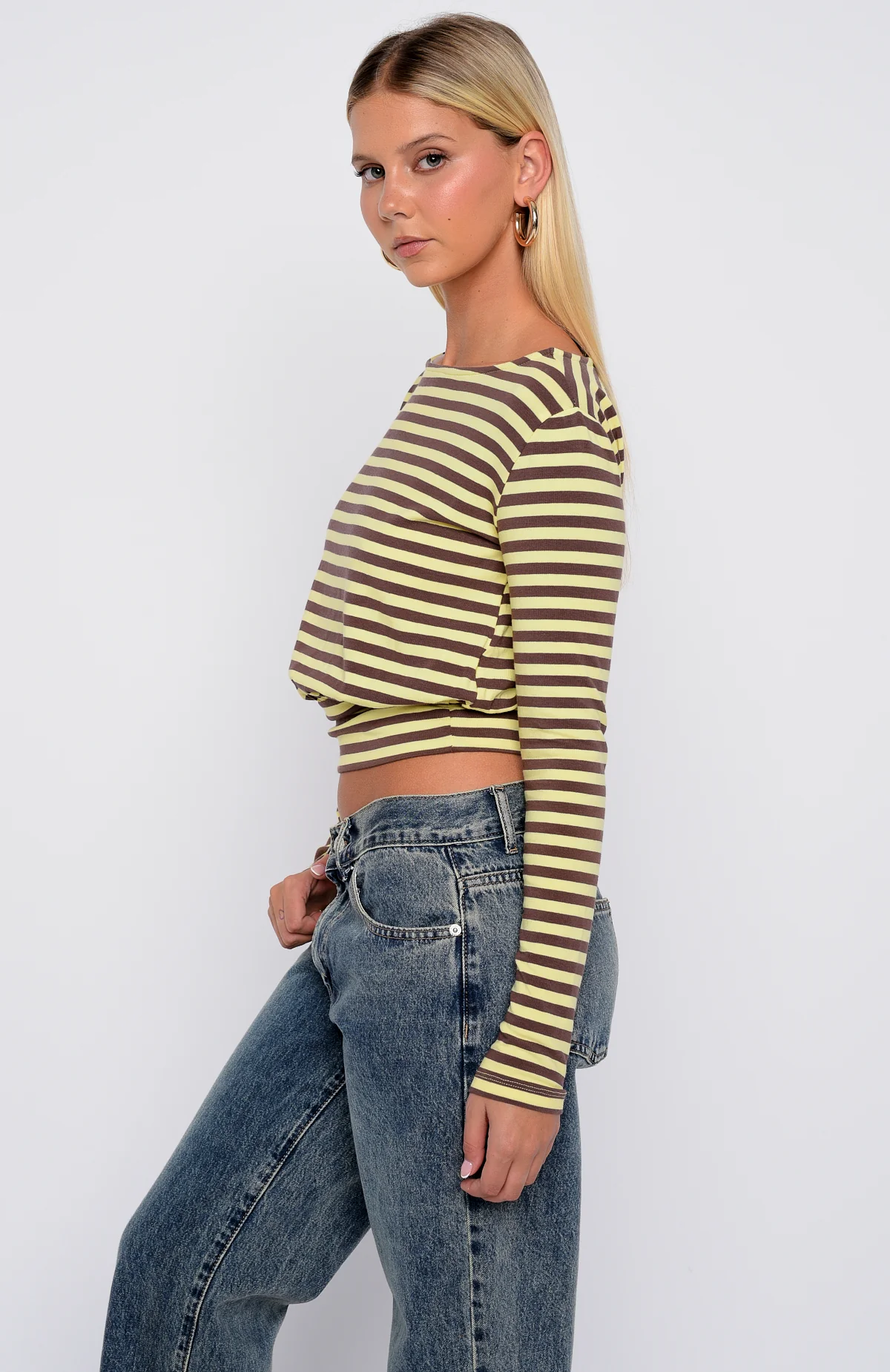 Catch My Heart Cinched Waist Long Sleeve Top Chocolate/Banana Stripe - Image 3