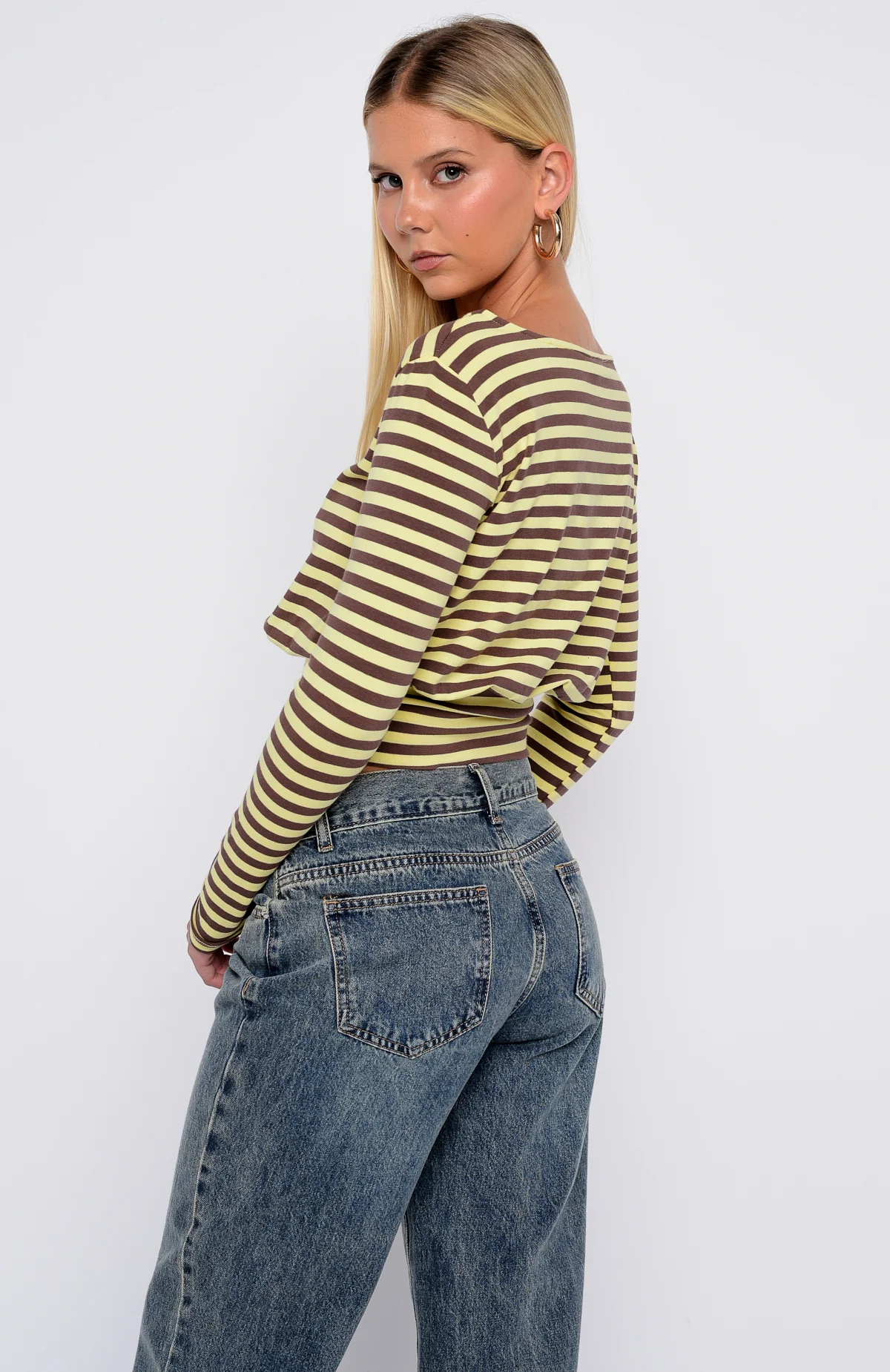 Catch My Heart Cinched Waist Long Sleeve Top Chocolate/Banana Stripe - Image 4
