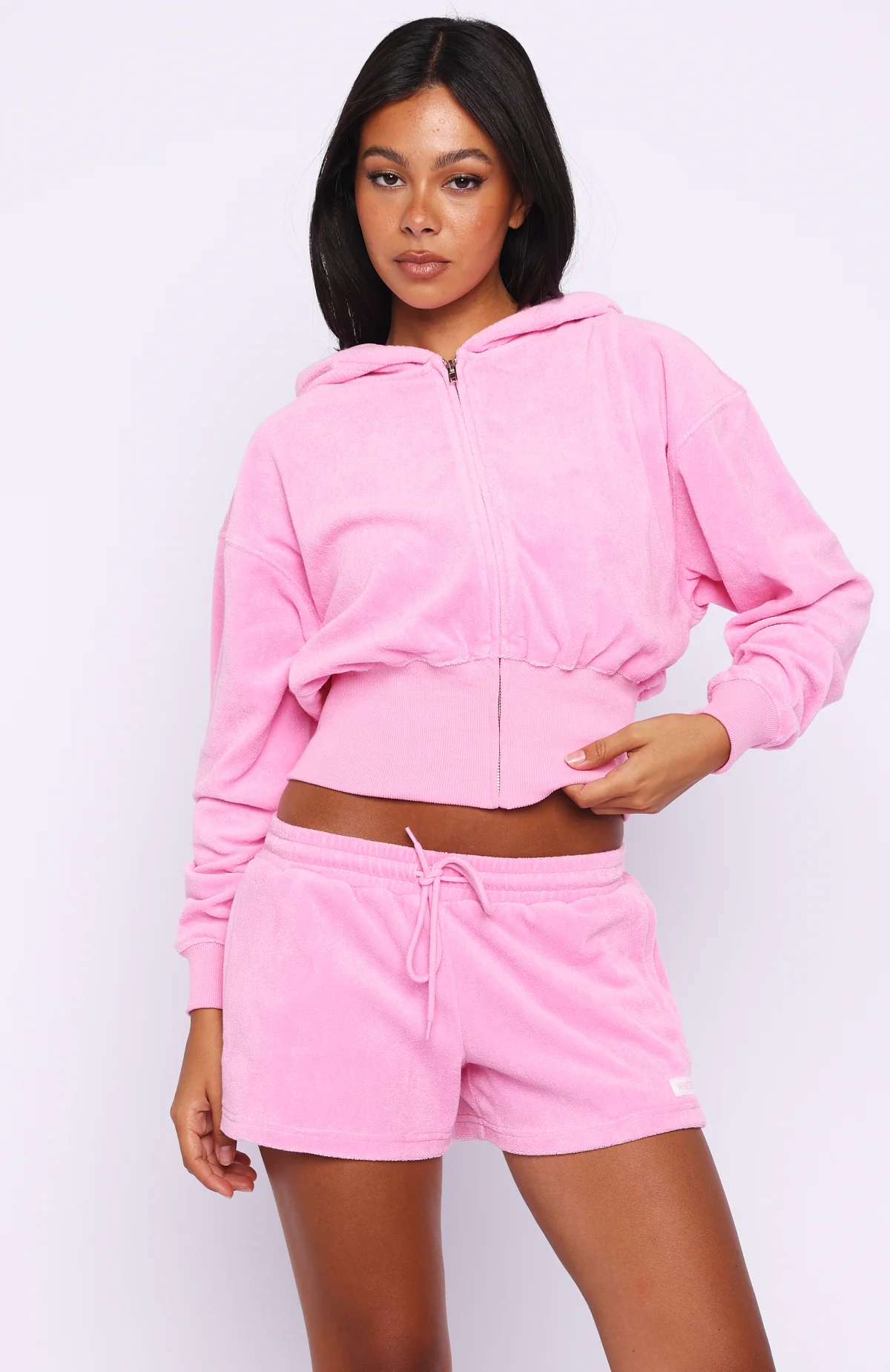 Causing Commotion Terry Cropped Cinched Zip Front Hoodie Pink - Image 2