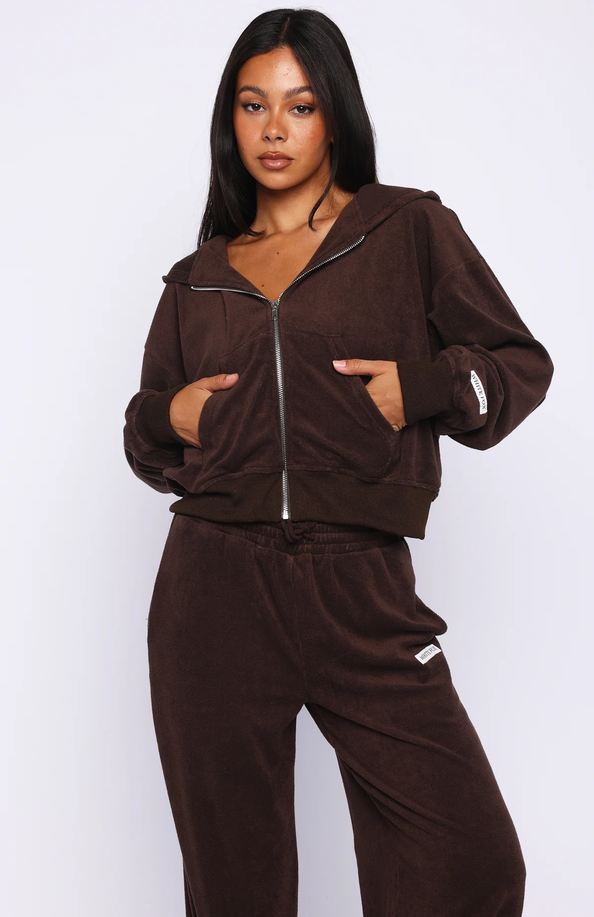 Causing Commotion Terry Boxy Zip Front Hoodie Chocolate - Image 3