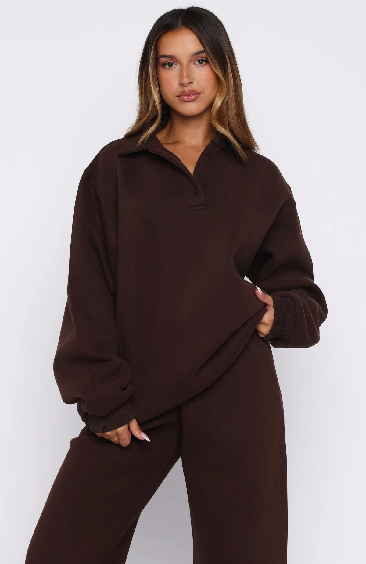 Chill Moves Oversized Henley Sweater Chocolate - Image 2
