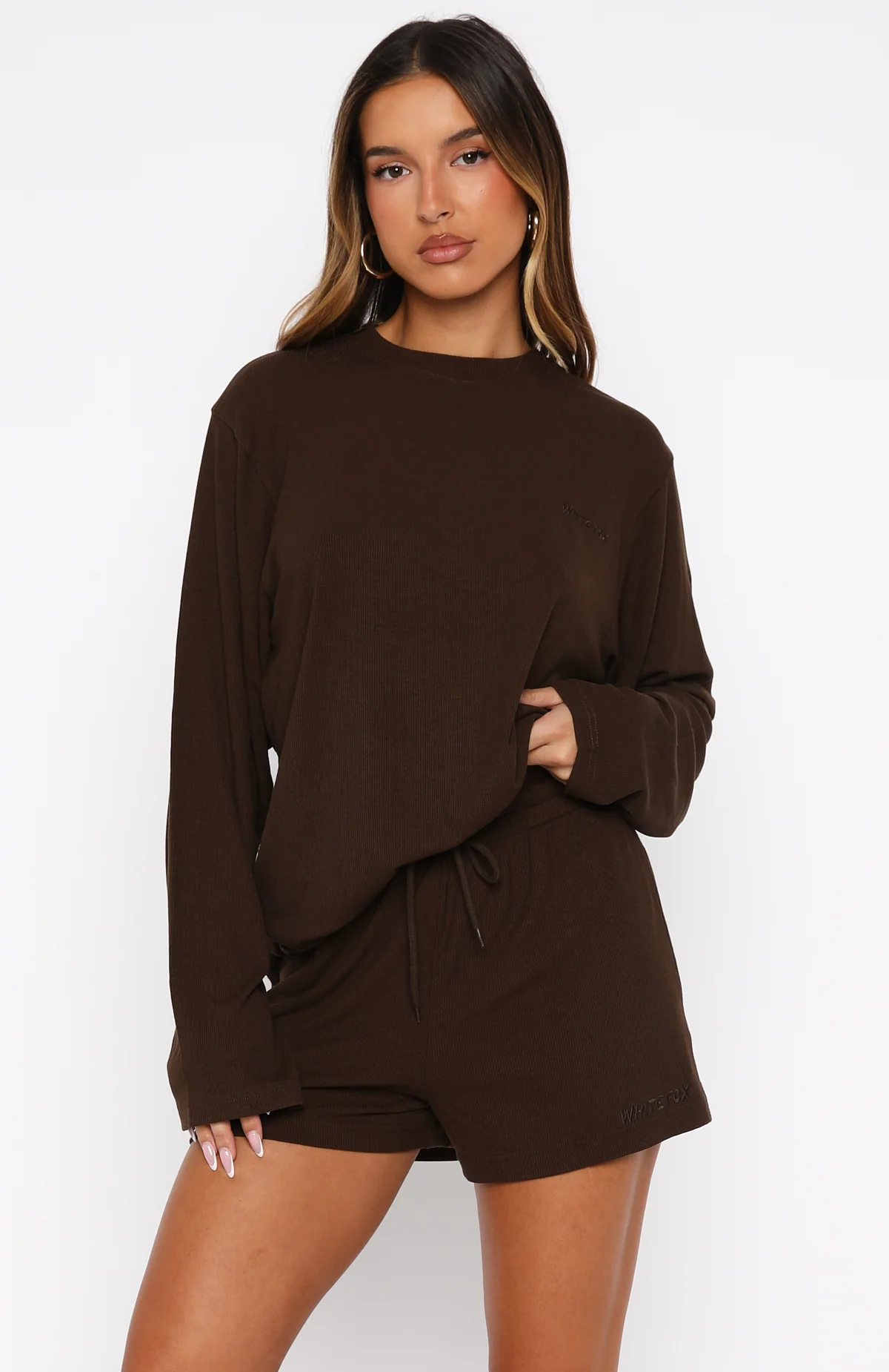 Come A Long Way Soft Lounge Ribbed Shorts Chocolate - Image 2