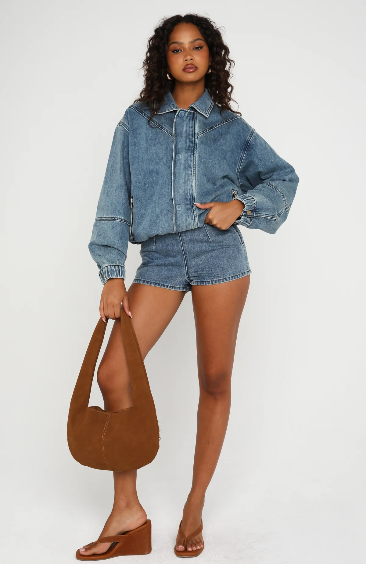 Cooler Than You Denim Bomber Jacket Brown Blue Acid - Image 5