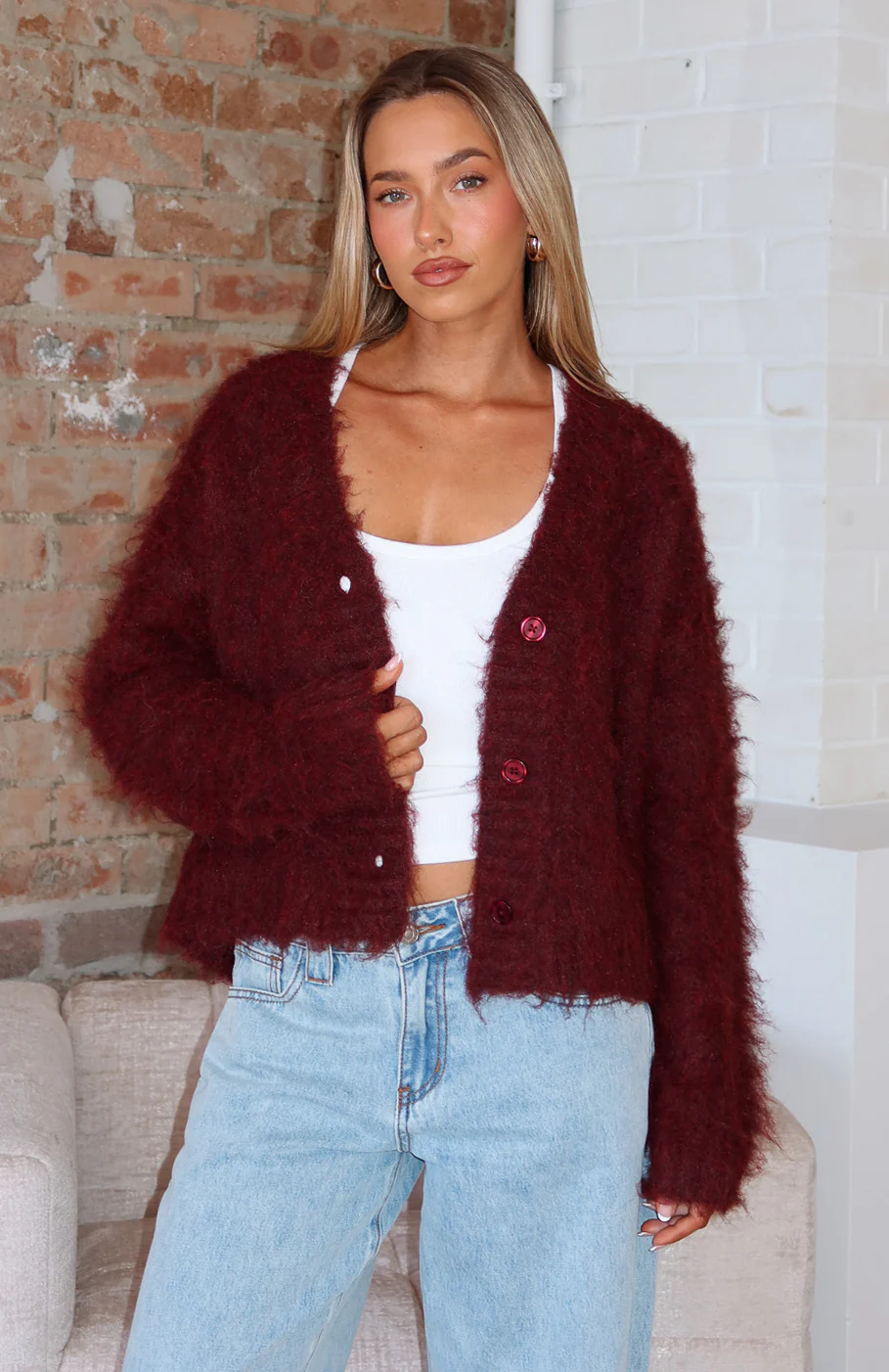 Cozy Vibes Knit Cardigan Bordeaux - Image 2