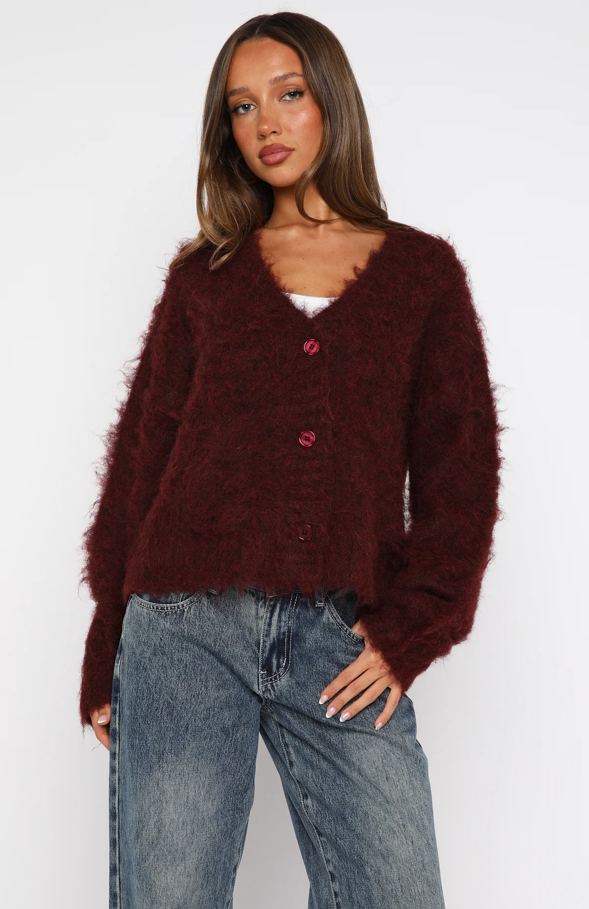 Cozy Vibes Knit Cardigan Bordeaux - Image 3