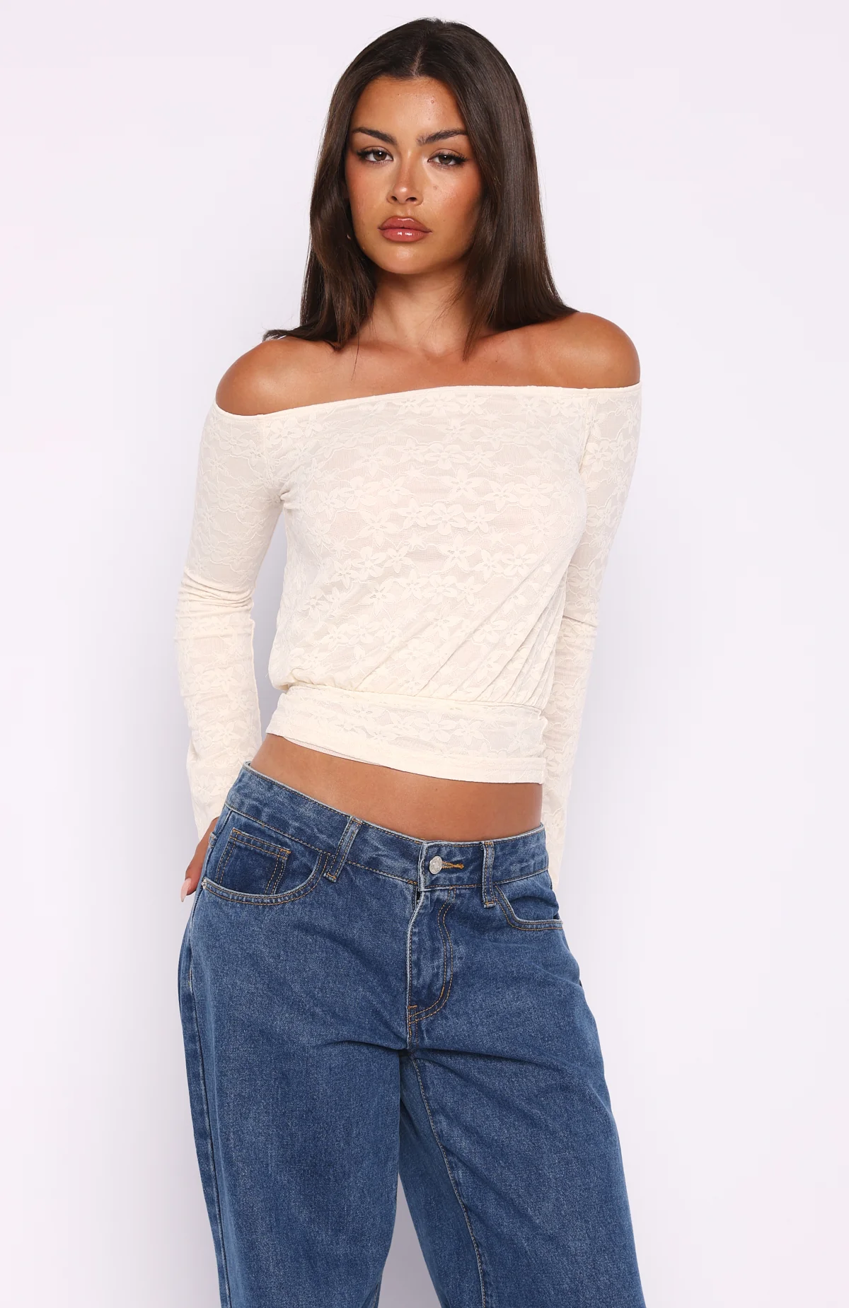 Dancing In The Rain Off Shoulder Long Sleeve Top Cream - Image 2