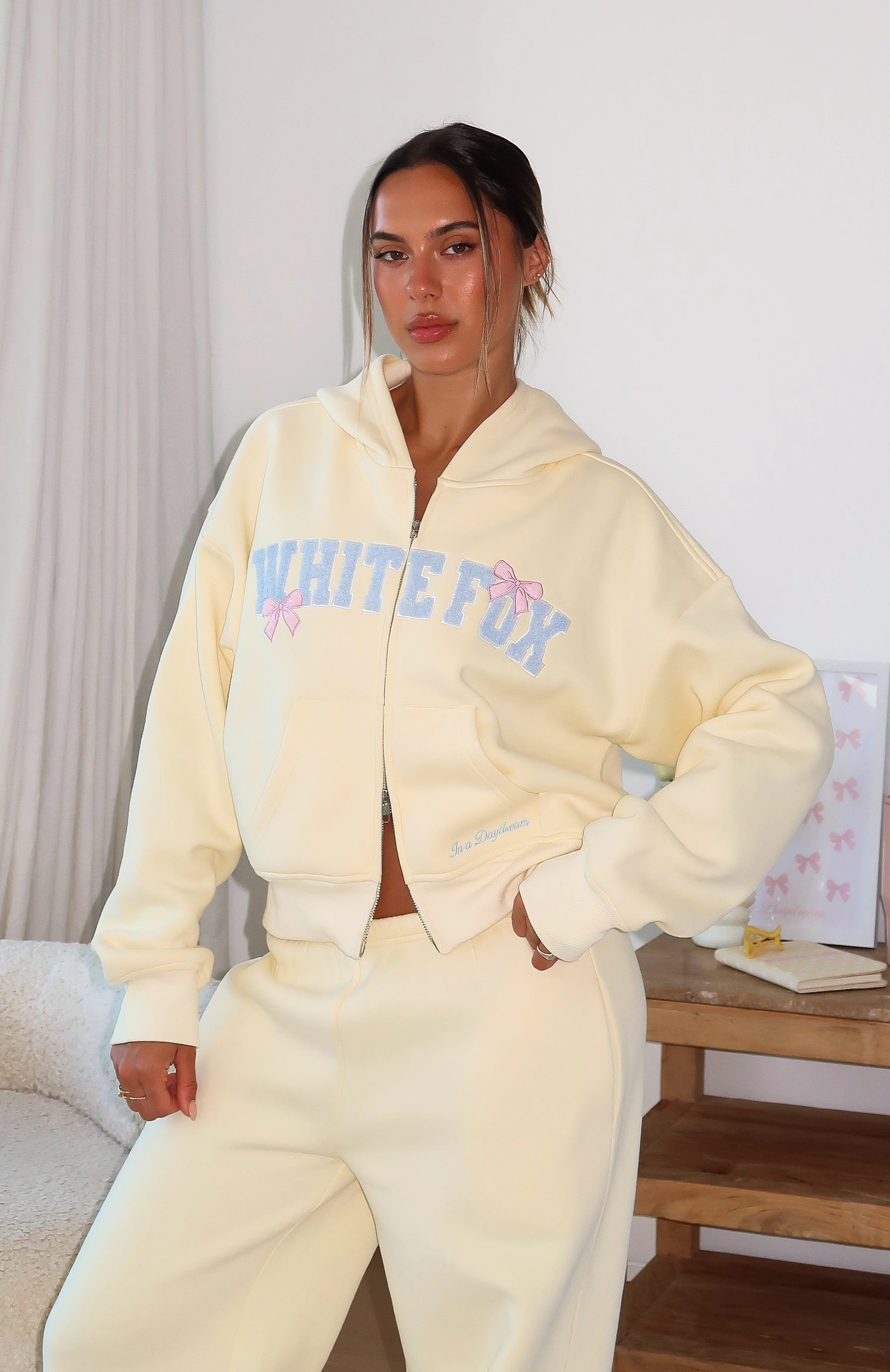 Daydreamers Madeline Boxy Zip Front Hoodie Lemon