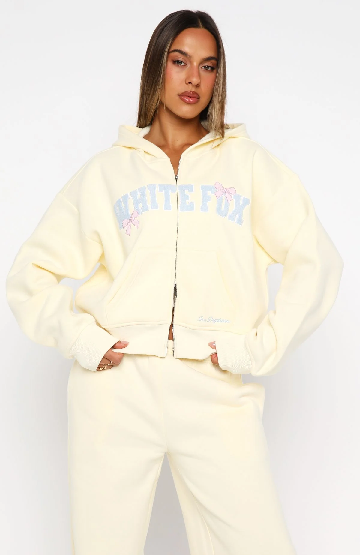 Daydreamers Madeline Boxy Zip Front Hoodie Lemon - Image 2