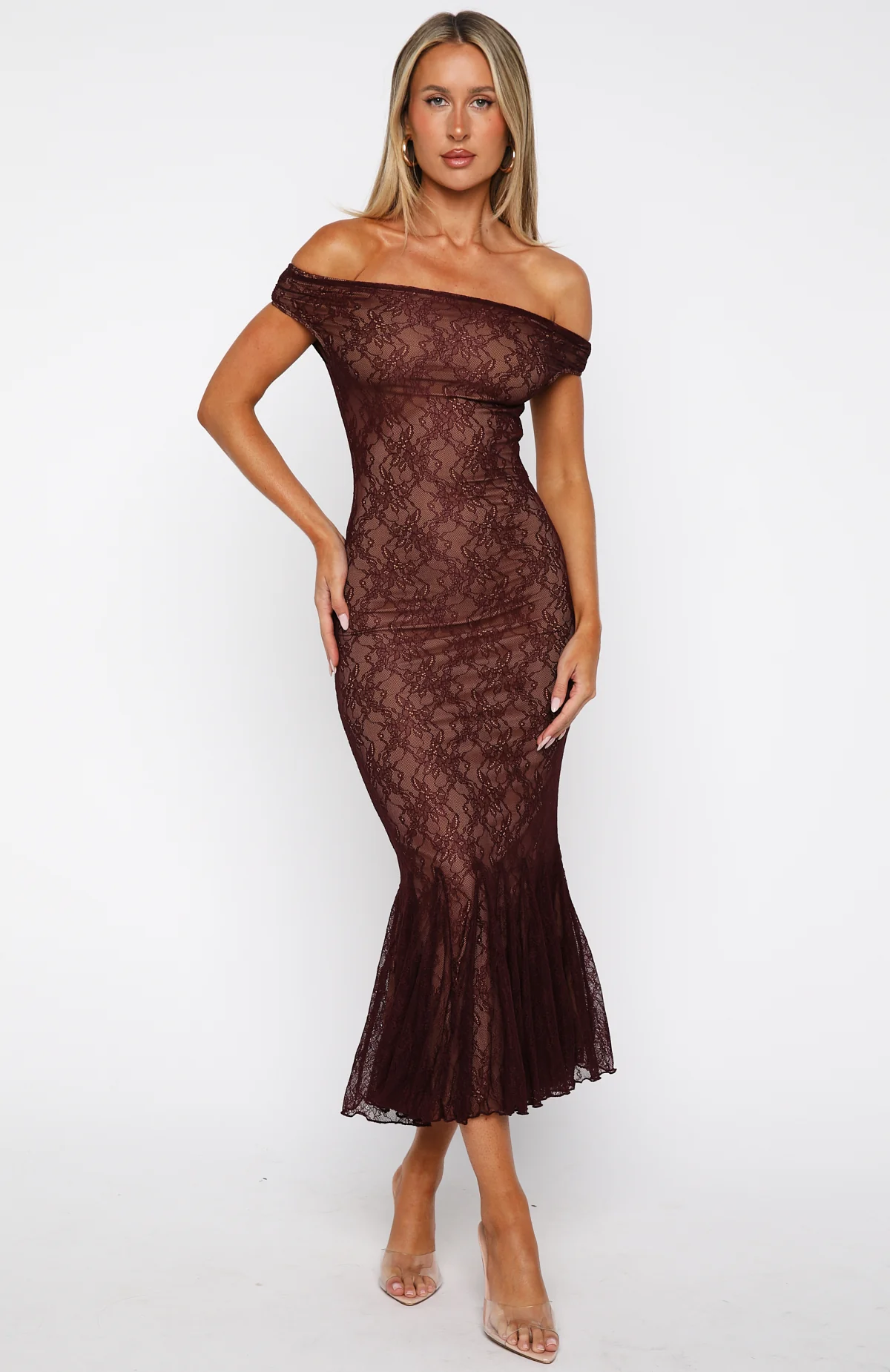 Defied The Odds Off Shoulder Lace Maxi Dress Wine - Image 3