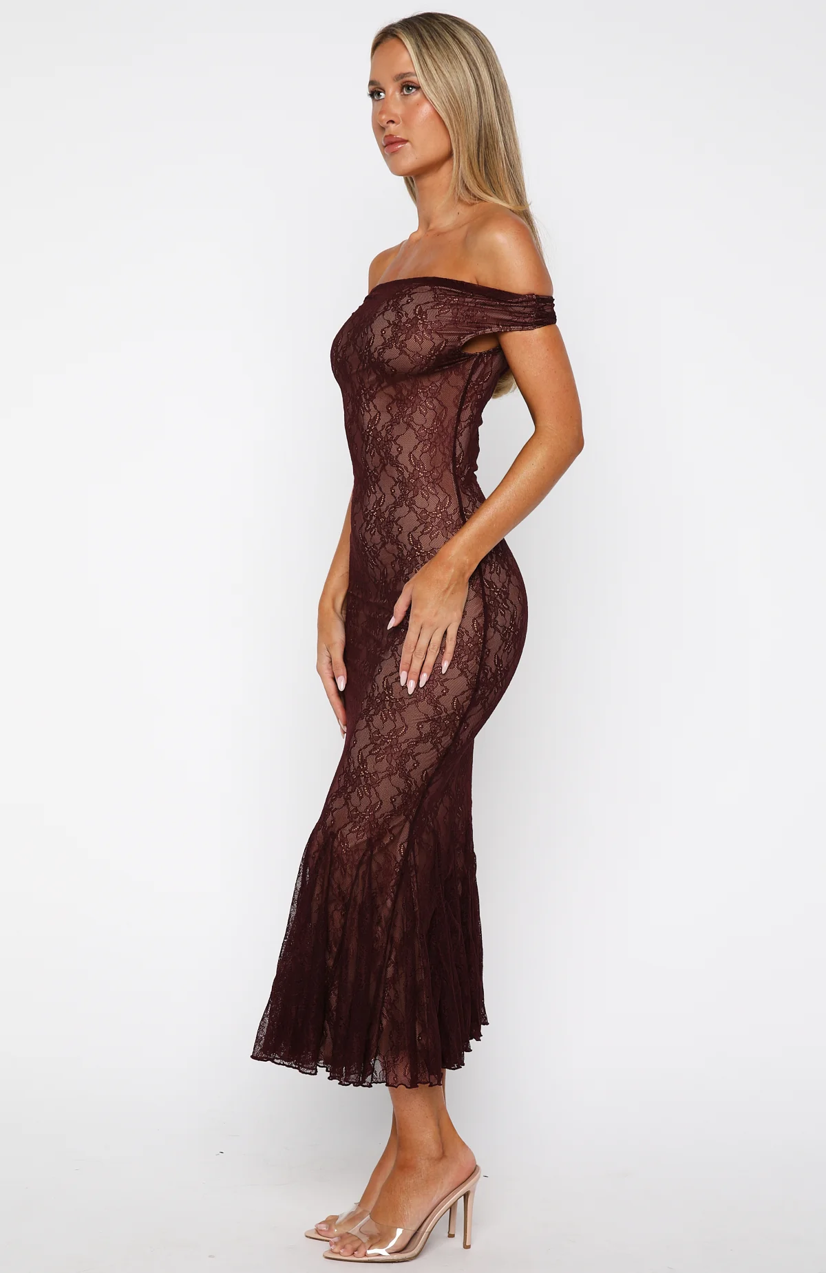 Defied The Odds Off Shoulder Lace Maxi Dress Wine - Image 4