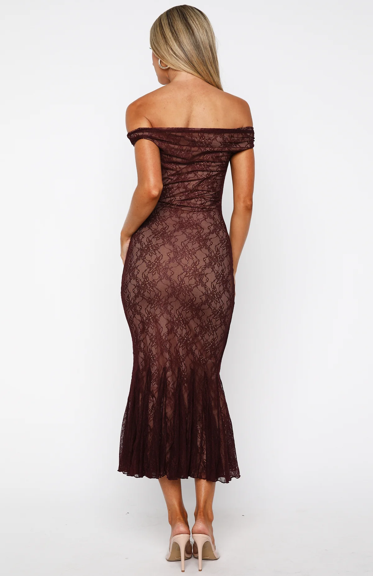 Defied The Odds Off Shoulder Lace Maxi Dress Wine - Image 5