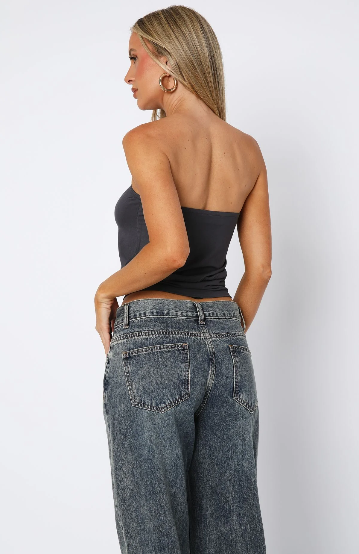 Don't Talk Cinched Waist Strapless Top Charcoal - Image 4